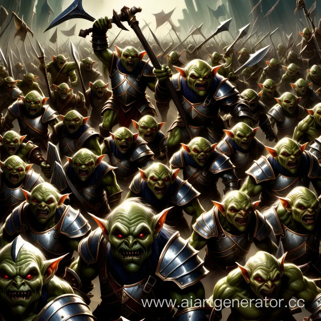 огромная армия гоблинов закованных в доспехи, победоносно сражающиеся с гномами