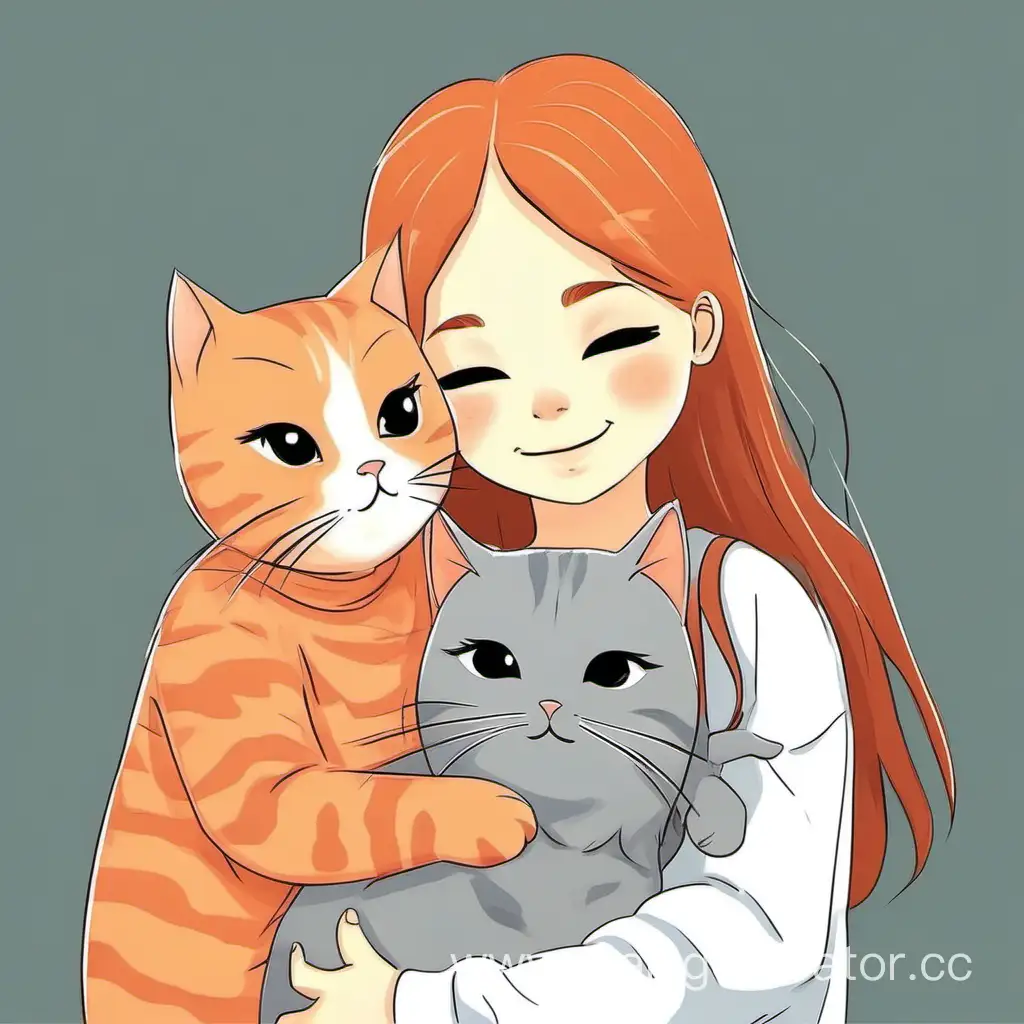 Девушка обнимает серую кошку и рыжего кота.