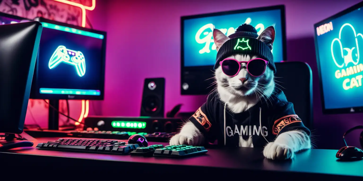 Cat wearing sunglasses and a beanie at a gaming desk with neon signs on the back wall.