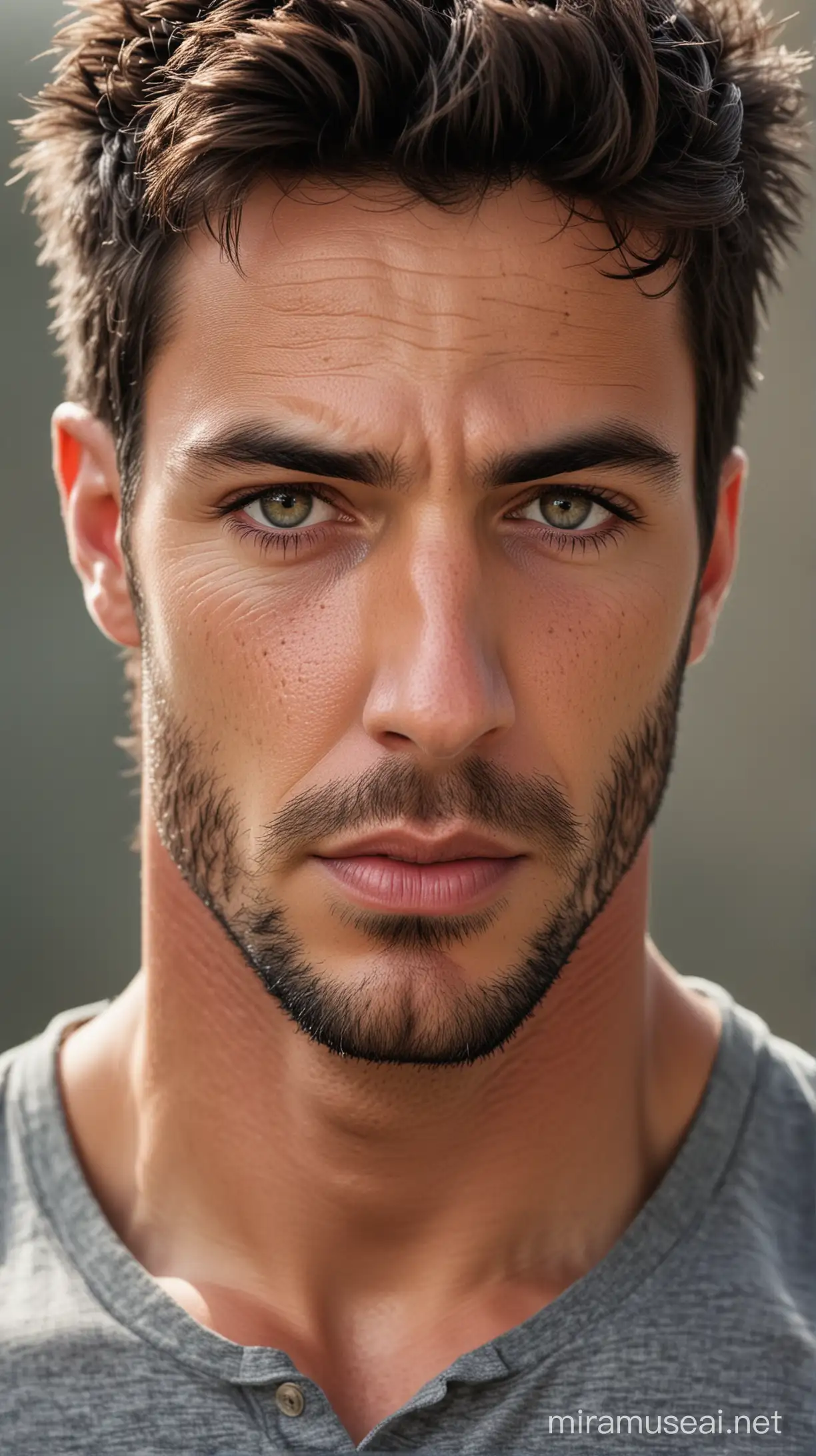  A rugged man with a strong jawline and piercing eyes stares straight ahead, his expression serious yet determined. His short, dark hair is neatly trimmed, framing his chiseled features. There's a hint of stubble on his square jaw, adding to his rugged charm. His broad shoulders and defined muscles are evident even through the simple, fitted shirt he wears. When he speaks, his voice carries a deep, commanding tone, resonating with strength and confidence.
