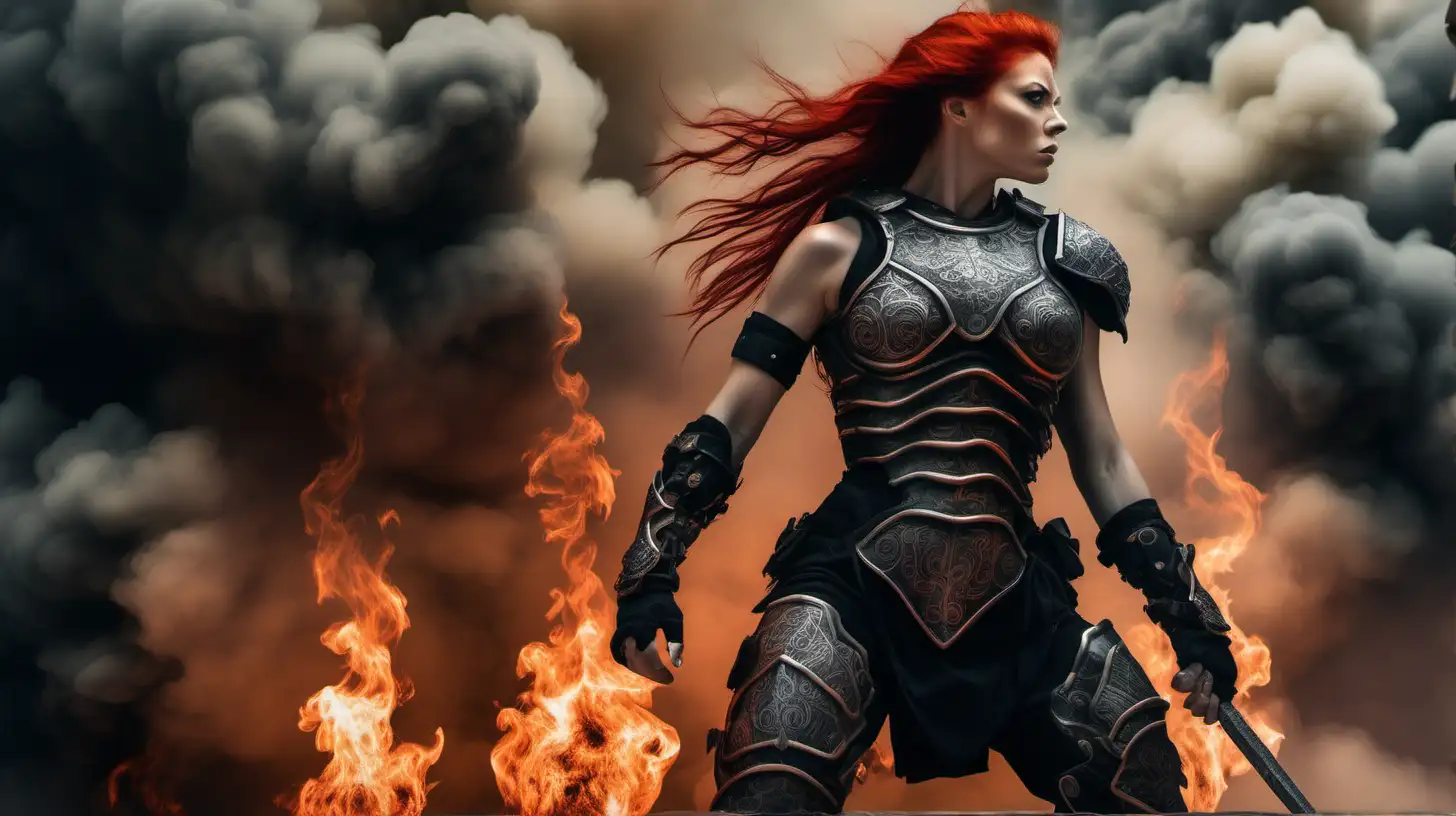 big extremely muscular tattooed red haired female warrior wearing sleeveless black armor emerging from a wall of smoke and flames under a cloudy sky