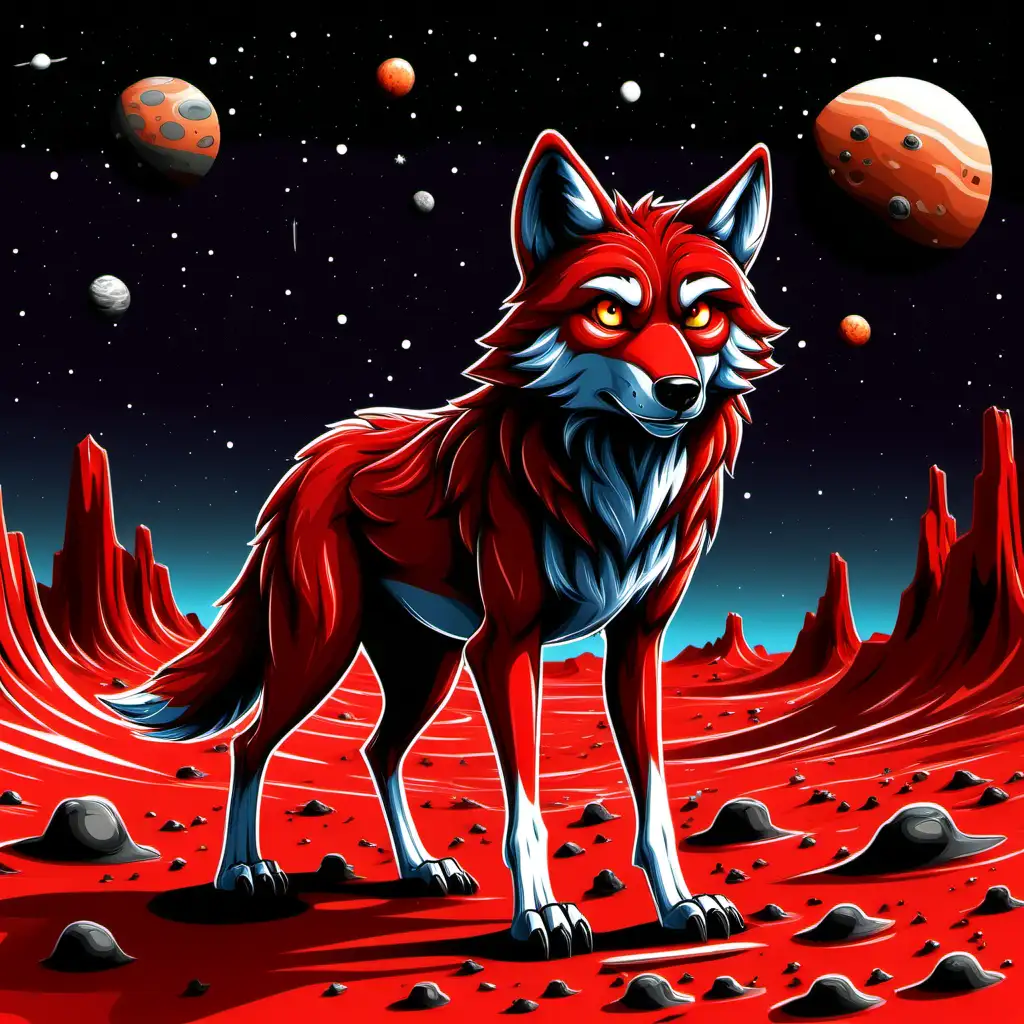 Crimson Canine on Scarlet World Whimsical Cartoon Redfur Wolf
