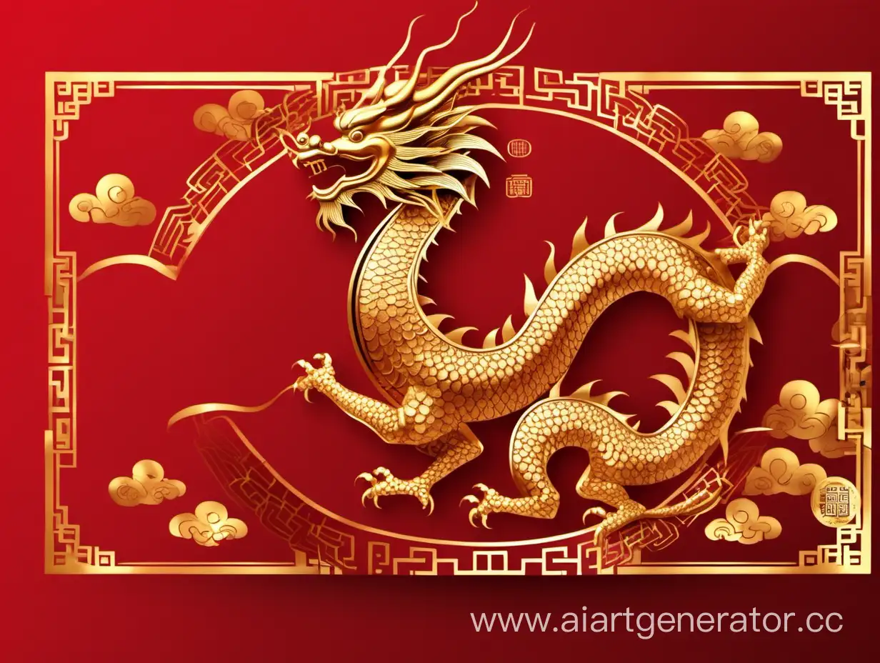 китайский новый год 
 золото  
красный фон
золотой дракон 
открытка 
без иероглифов