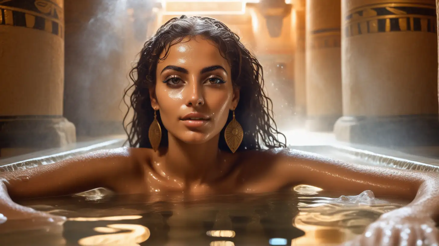 Seductive Egyptian Beauty in Ancient Bathhouse Captivating Eyes Milky Waters and SunKissed Serenity