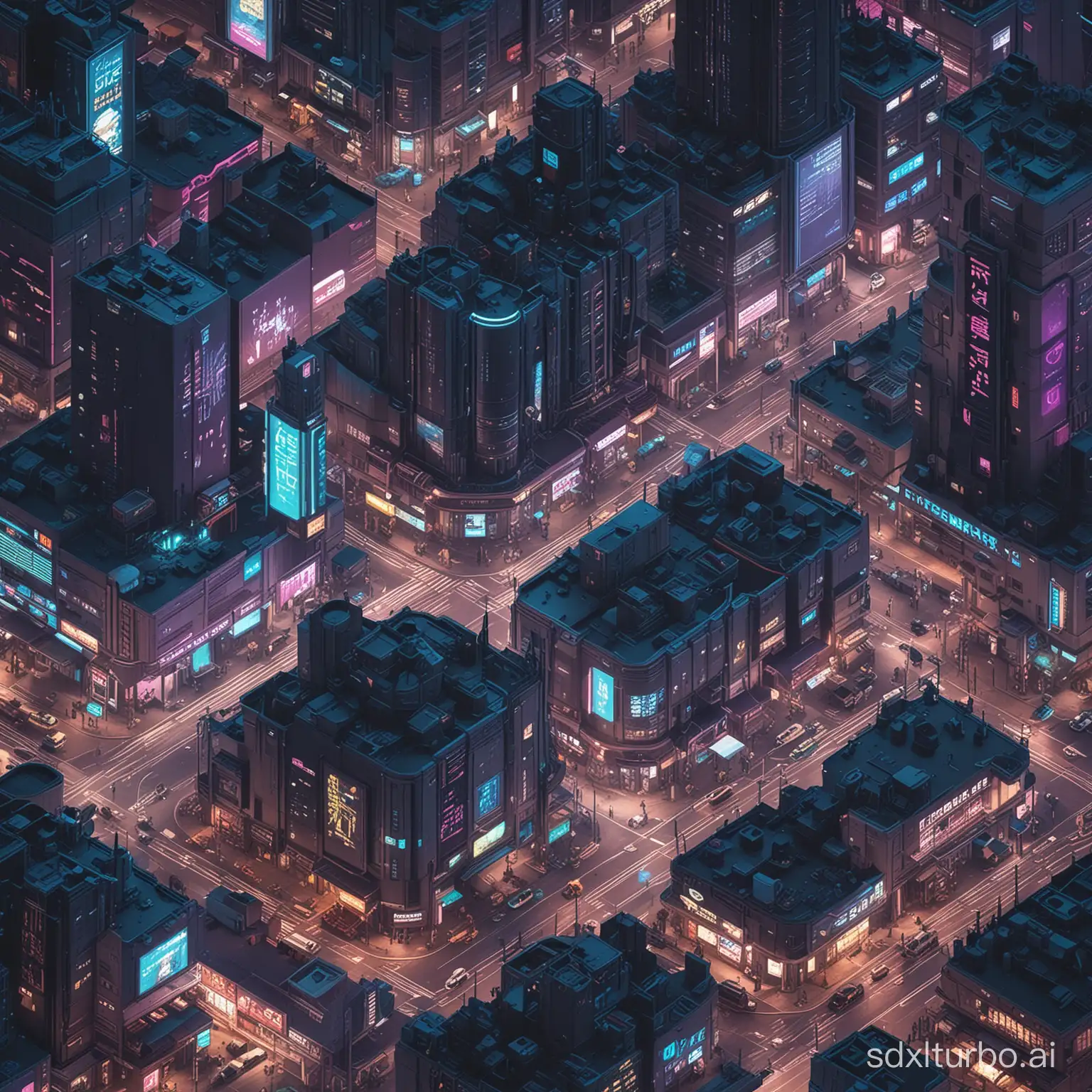 isometric cyberpunk city at night