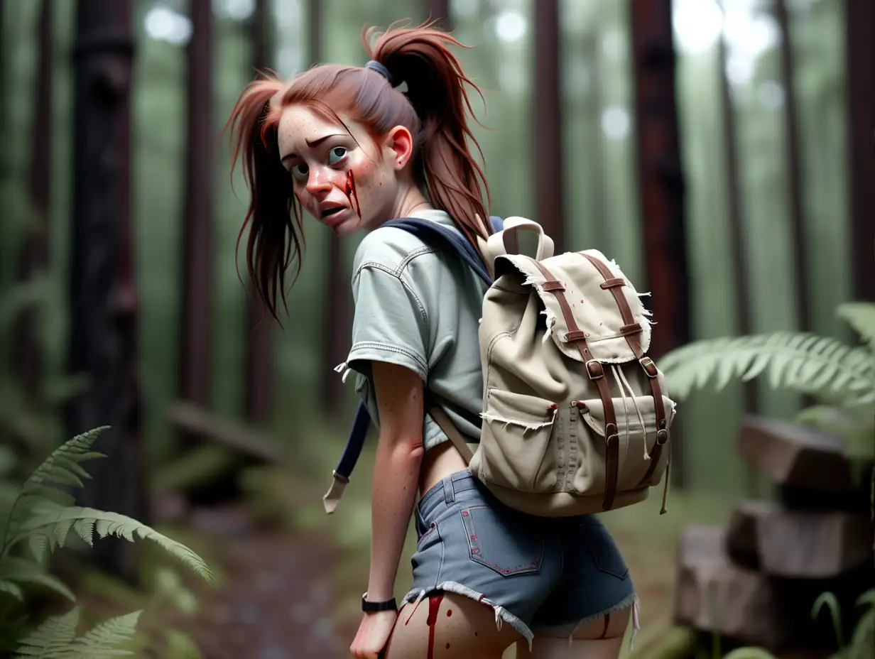photo, 35mm, dof, natural, 26 year old woman wearing a backpack, jean shorts that are frayed, picture from the knees up, no makeup and freckles, dark hair in a pony tail with forest in the back ground, seductive face, covered in blood