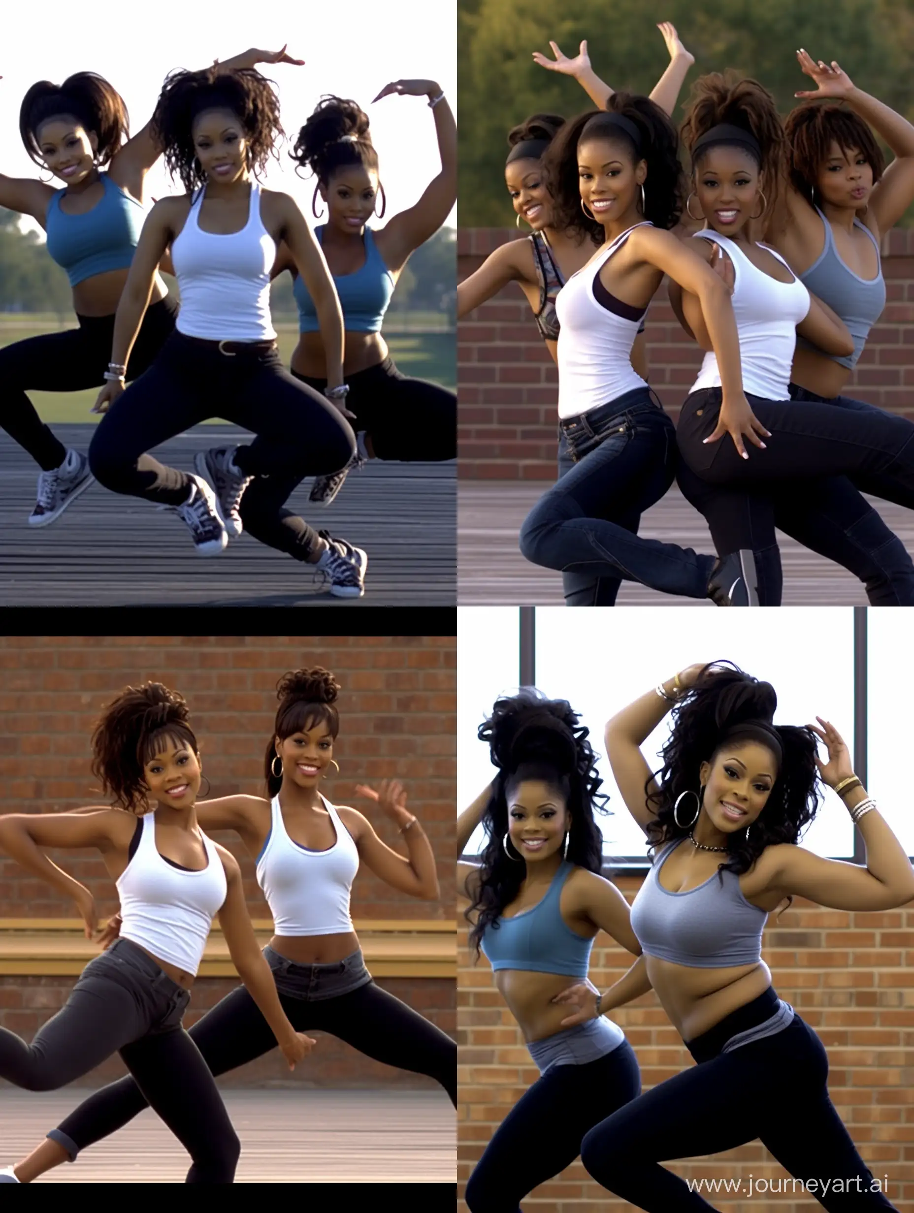 Group of step team black women doing the sinister grin in  there 20s d And are wearing tank tops in 2008 late 2000's.