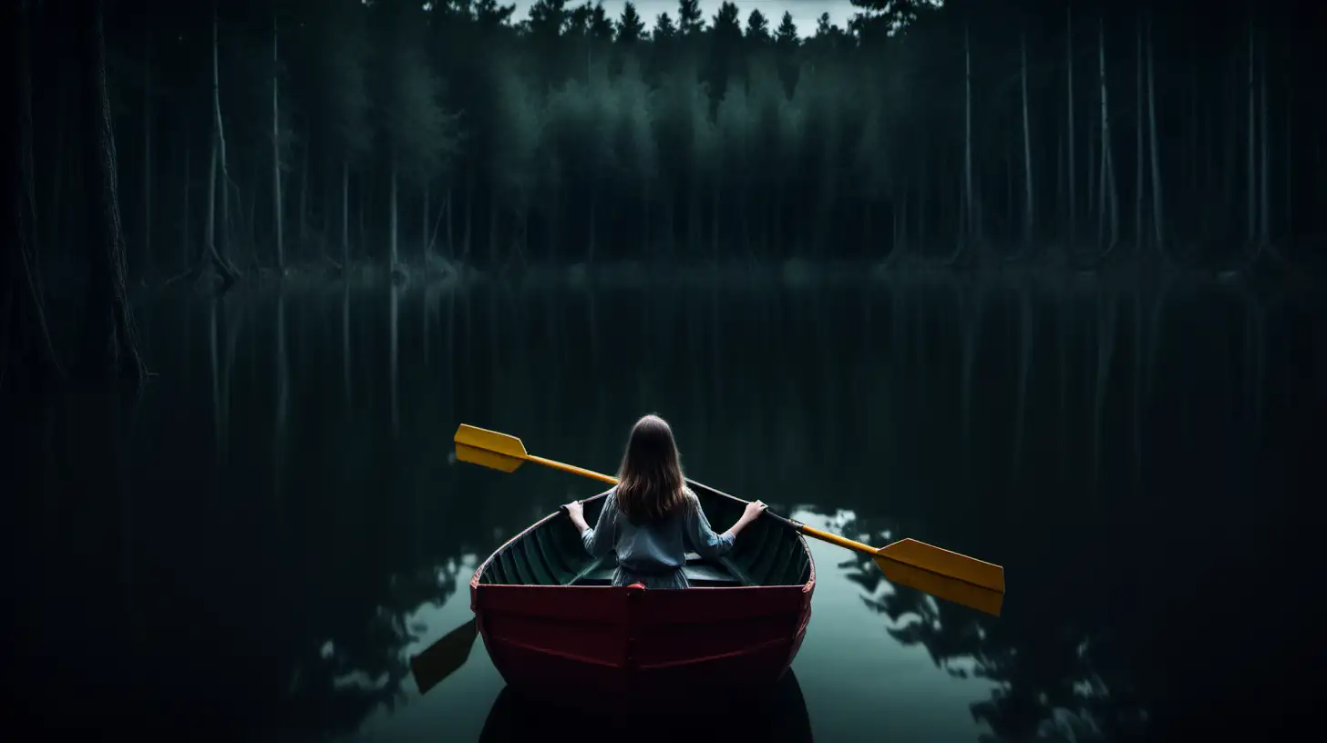 Fearful Girl Rowing Boat in Dark Scary Forest Lake