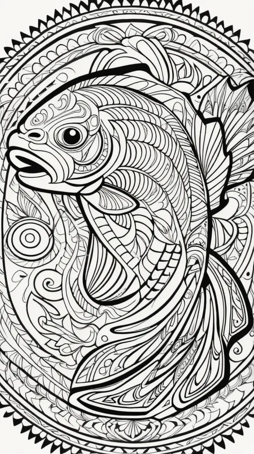 Native American Tribal Salmon Mandala Coloring Book Image with Clean Thick Black Lines