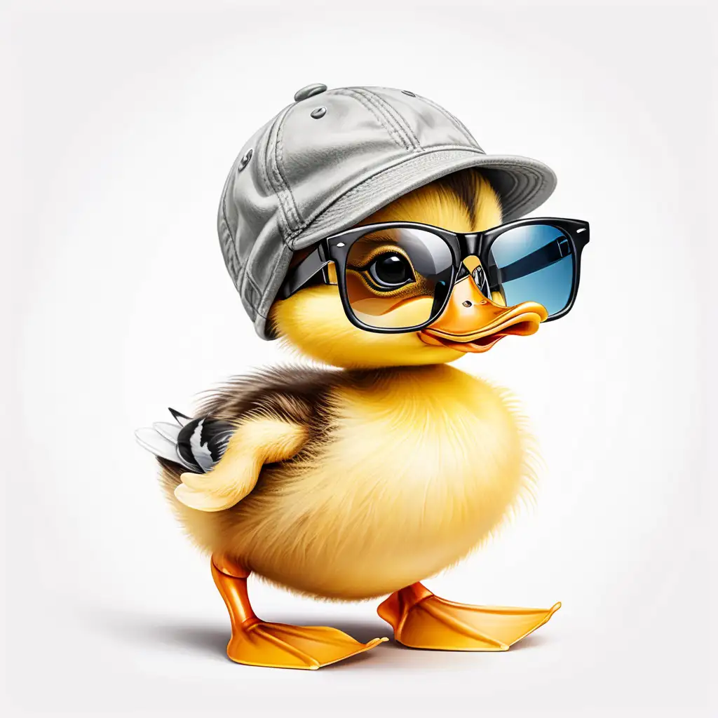 Adorable Duckling with Sunglasses and Backward Cap on White Background