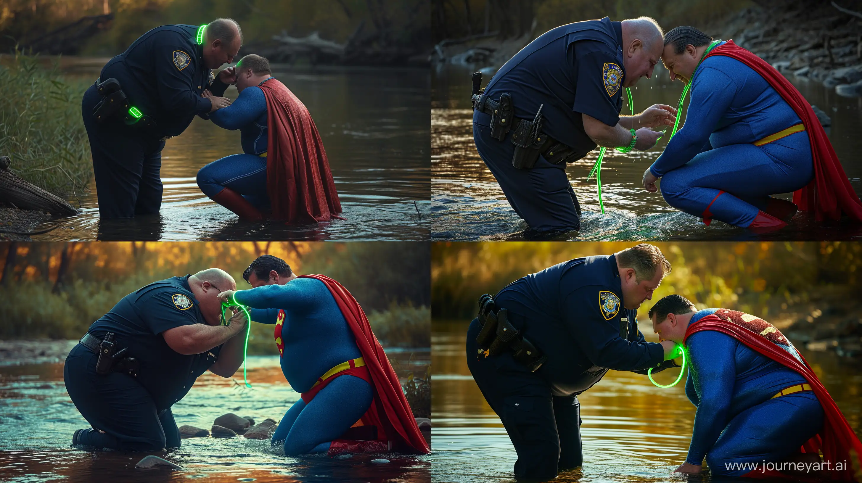 Close-up photo of a fat man aged 60 wearing a navy police uniform. Bending and putting a tight green glowing neon dog collar on the nape of a fat man aged 60 wearing a tight blue 1978 superman costume with a red cape kneeling in the water. Natural Light. River. --style raw --ar 16:9