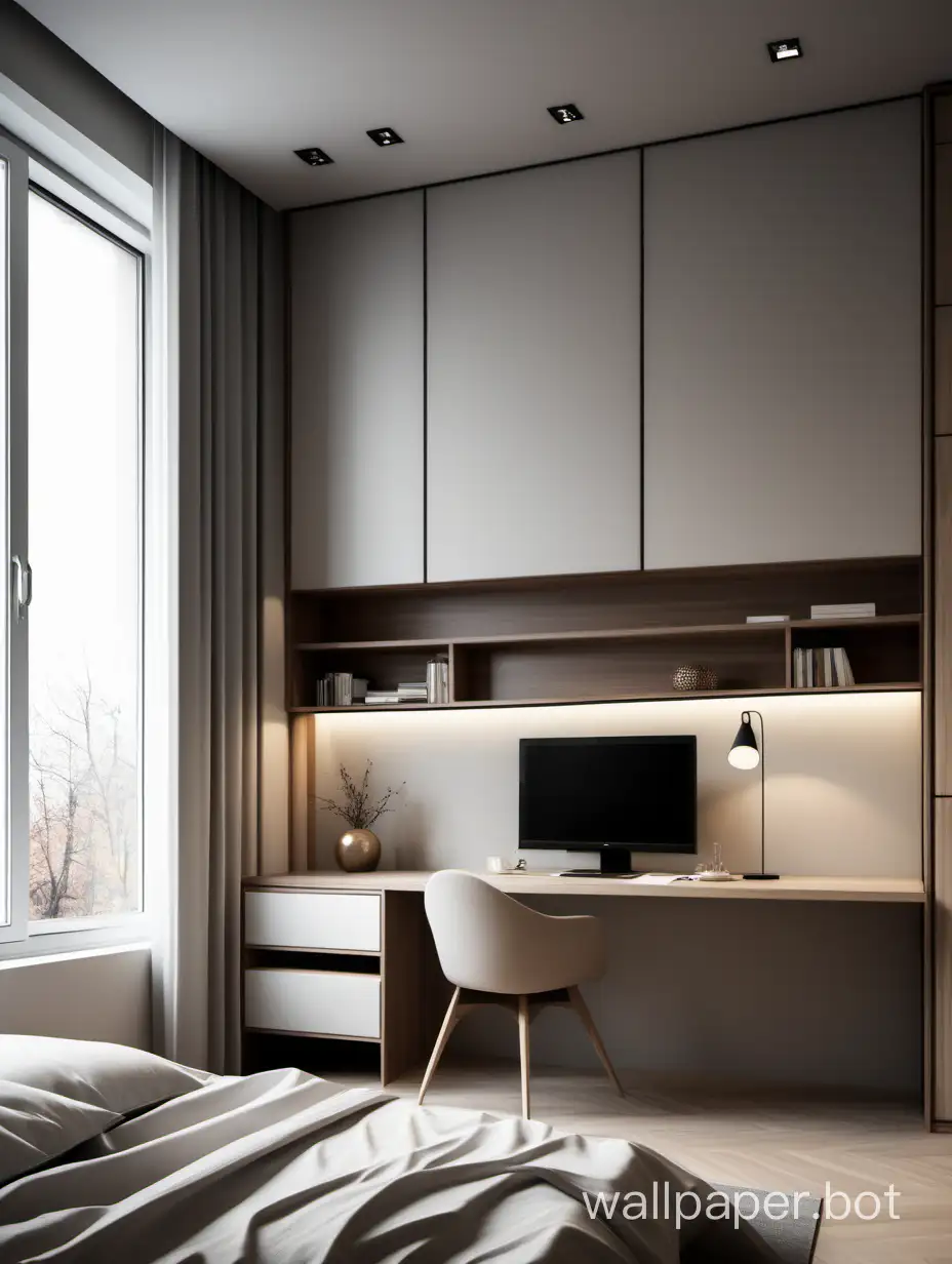 new modern bedroom with a table by the window with a cabinet