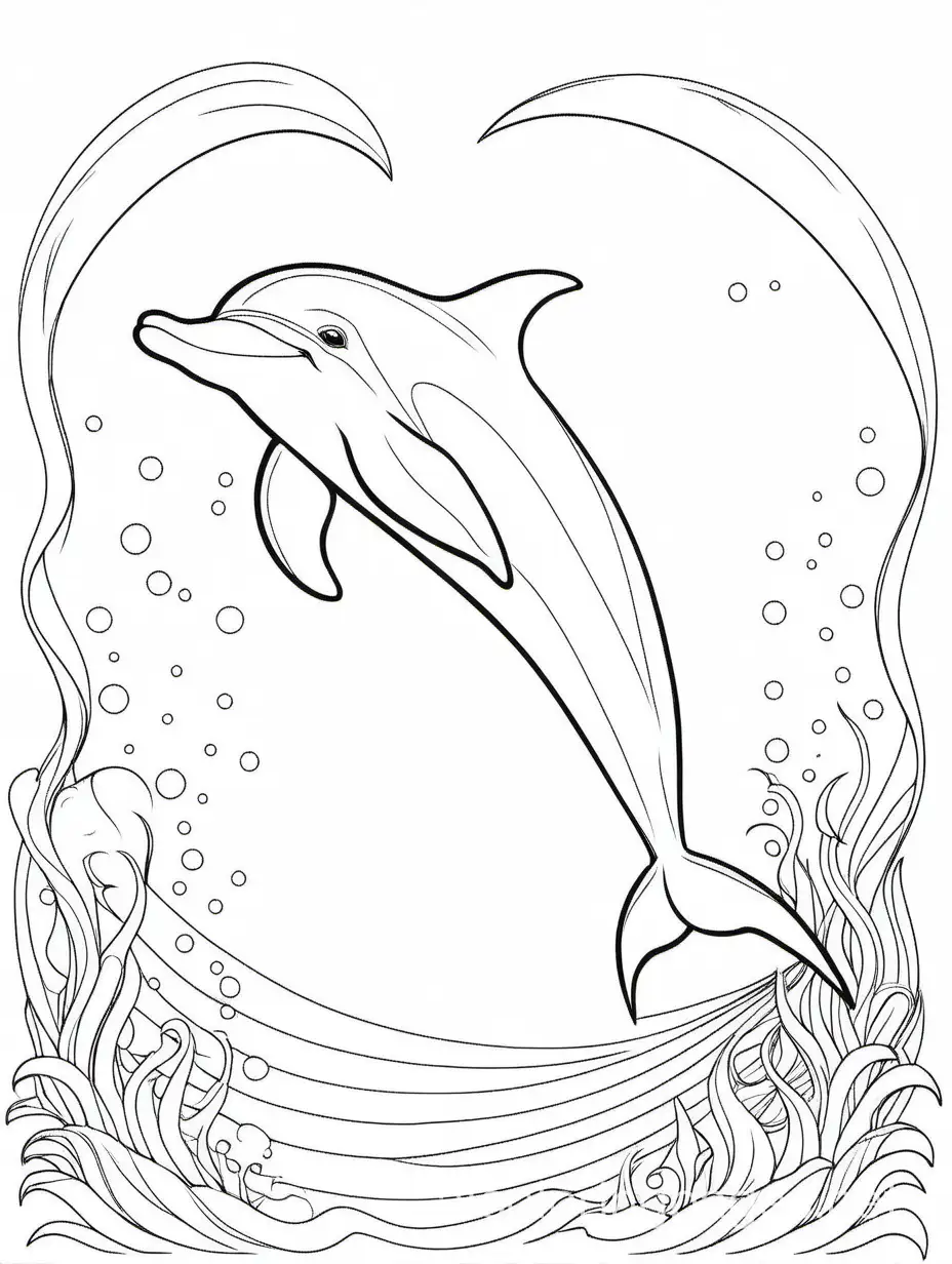 Children coloring page dolphin only outlines detailed coloring page A4, Coloring Page, black and white, line art, white background, Simplicity, Ample White Space. The background of the coloring page is plain white to make it easy for young children to color within the lines. The outlines of all the subjects are easy to distinguish, making it simple for kids to color without too much difficulty
