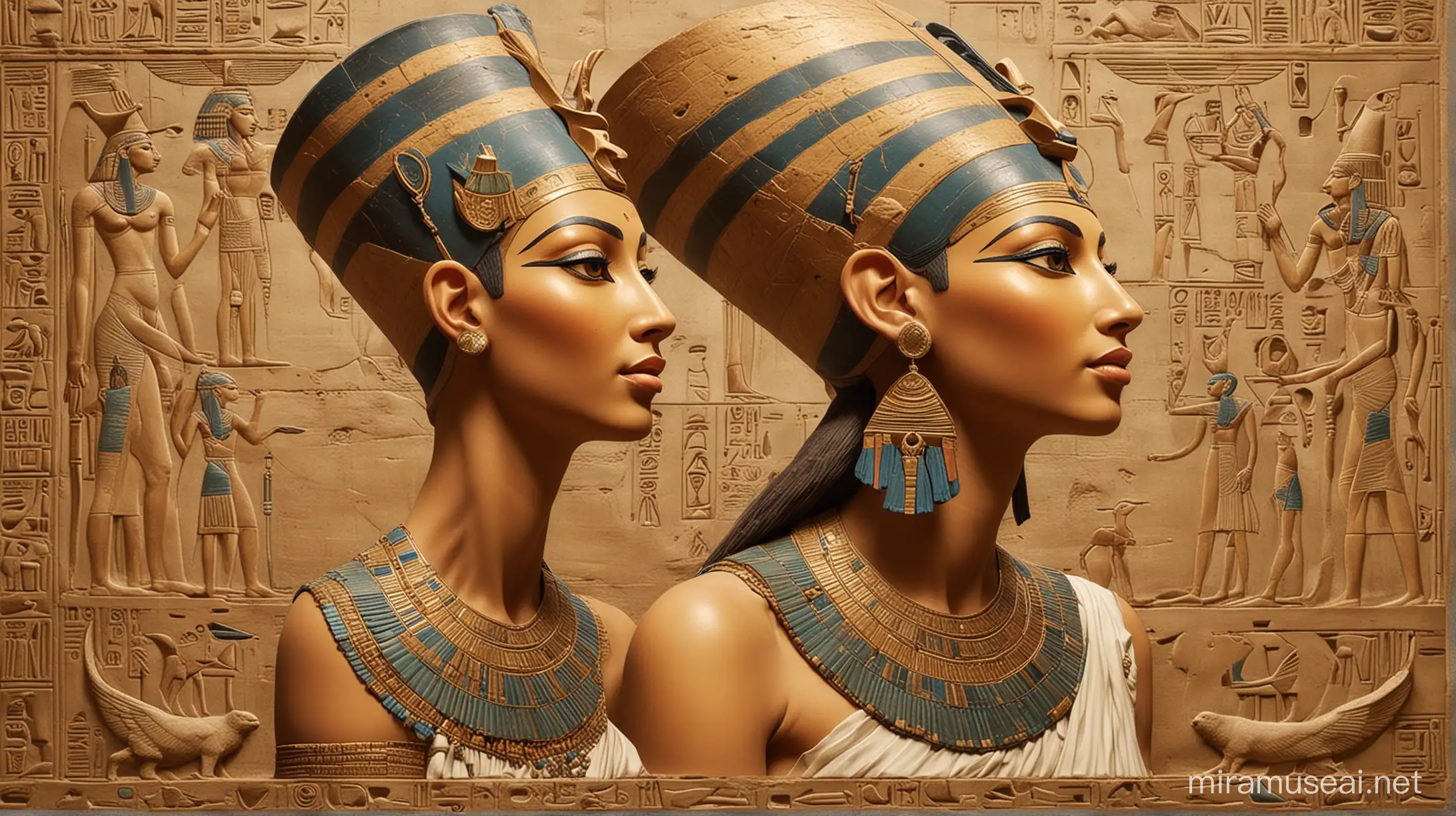 Begin with an eye-catching depiction of Ancient Egypt, featuring iconic symbols like pyramids, hieroglyphs, and the Nile River to set the historical context.

Highlight Cleopatra with an image that portrays her regal demeanor and incorporates elements of Egyptian and Roman culture, such as her wearing traditional Egyptian attire adorned with Roman symbols like laurel wreaths.

Represent Nefertiti with an artistic rendering that captures her renowned beauty and grace, perhaps featuring her iconic bust sculpture or images of her alongside Akhenaten during the Amarna period.

Include symbolic imagery related to Cleopatra's relationships with Julius Caesar and Mark Antony, such as Roman coins or depictions of famous historical events like the Battle of Actium.

Showcase Nefertiti's significance in the religious revolution of Ancient Egypt with imagery related to the worship of the sun god Aten, such as sun disks and representations of the Amarna temples.

Conclude the image with a call to action, encouraging viewers to explore more about Cleopatra and Nefertiti's legacies by subscribing to the channel for further historical content.
