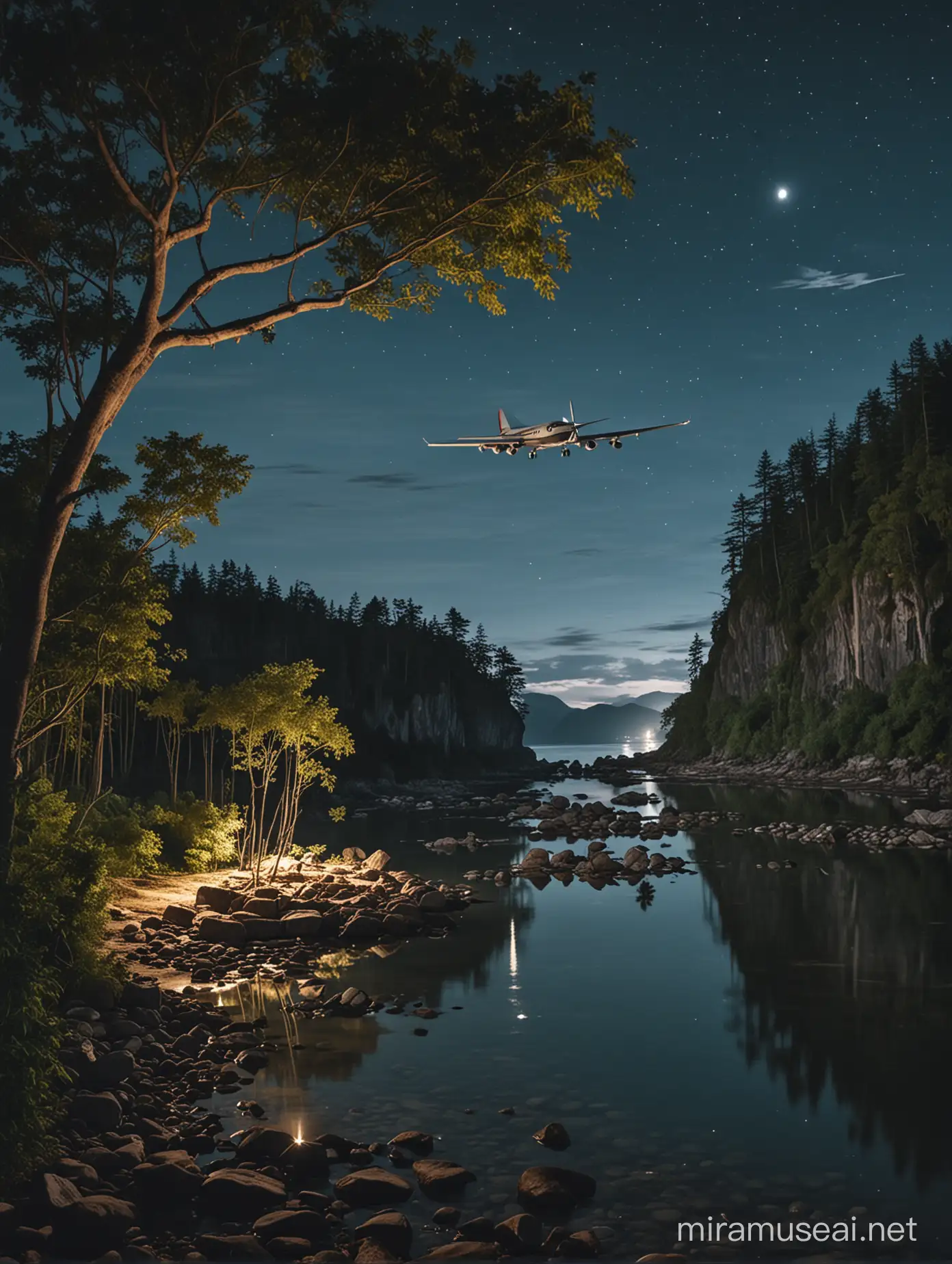 Mystical Island Night Scene with Hovering Plane