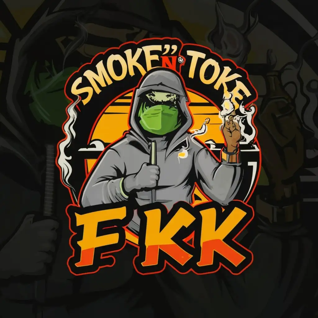 a logo design,with the text "Smoke'N'Toke FK", main symbol:A highly detailed weed inspired background with a cartoon character wearing a balaclava holding money and a joint standing on the street wearing jeans and a supremem hoodie holding a gun and a big bag of weed,Moderate,clear background
