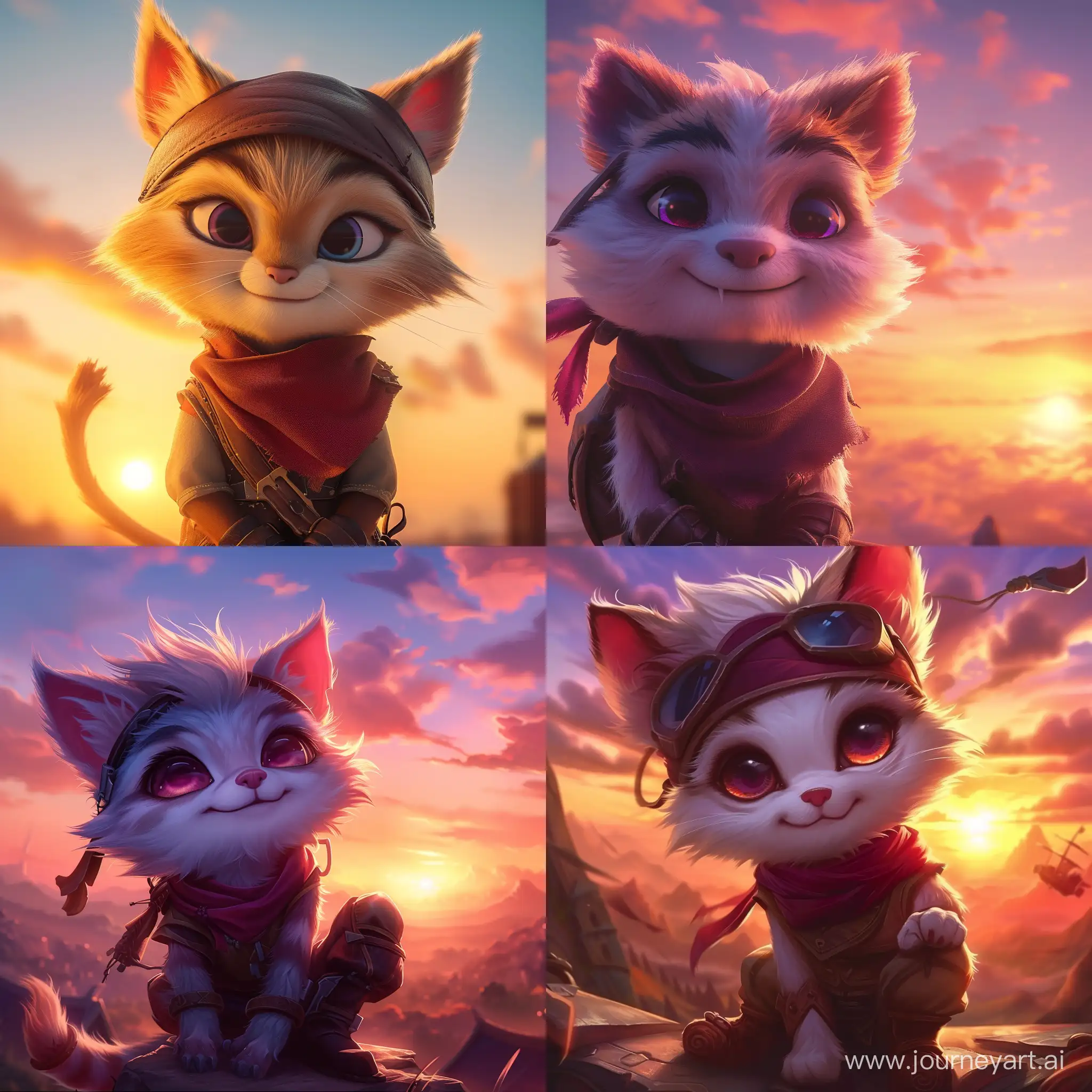teemo with cute face from Puss in Boots movie , sweety, league of legends, background of sunset