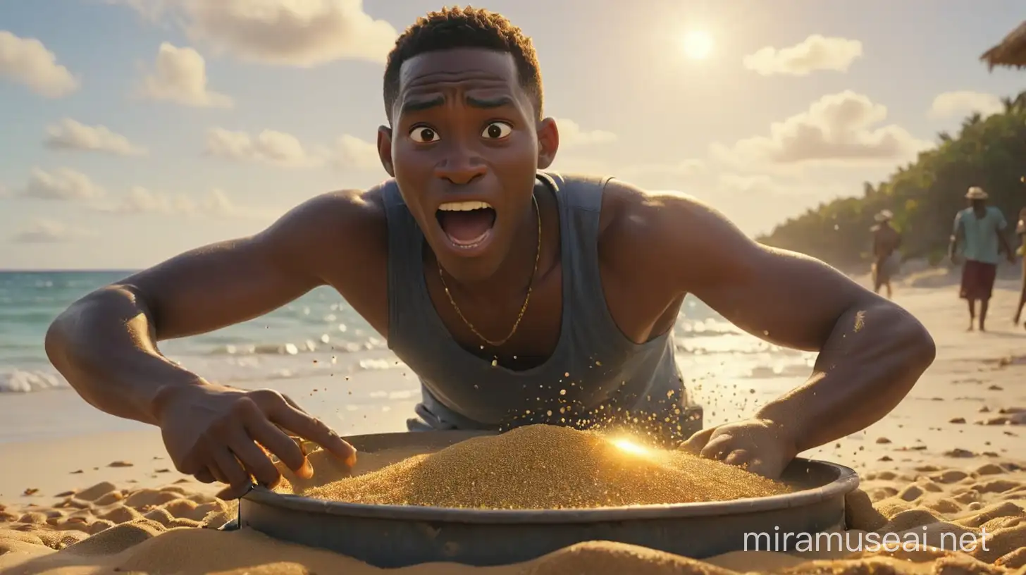 create an image of  a close up on a Haitian  man shaking  to   sieve at the shore of the ocean  separating gold from the sand. illumination, Disney- Pixar style illustration 3-D Animation, 4k