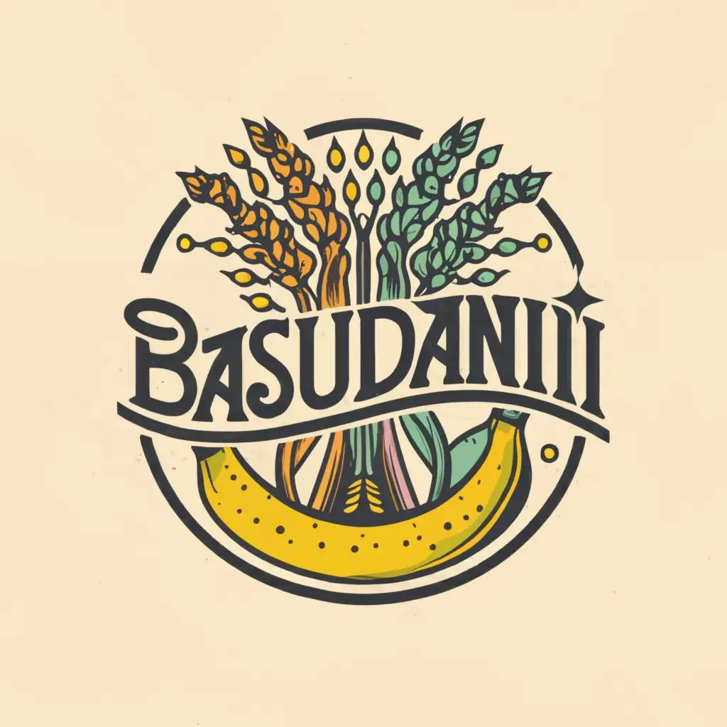 a logo design,with the text "BASUDANI", main symbol:Create an emblematic design that incorporates stylized representations of banana, coconut, and rice plants arranged in a circular or symmetrical pattern. This emblem serves as the focal point of the logo and symbolizes the celebration of harvest. Use playful and dynamic typography for the brand name "Basudani." Experiment with curved or wavy letterforms to evoke a sense of movement and joy, reflecting the festive atmosphere of a harvest celebration. Introduce cheerful accents such as smiling faces, sunbursts, or sparkles around the emblem to convey happiness and excitement. These elements add a touch of whimsy to the design and enhance its festive appeal. Opt for a vibrant and lively color palette that captures the vibrancy of a harvest festival. Use bold shades of green, yellow, and brown for the banana, coconut, and rice elements, respectively. Add splashes of complementary colors for the accents to create visual interest.  Ensure a balanced composition by carefully arranging the elements of the logo. Maintain symmetry and harmony to create a visually pleasing and cohesive design that captures attention.,Moderate,clear background