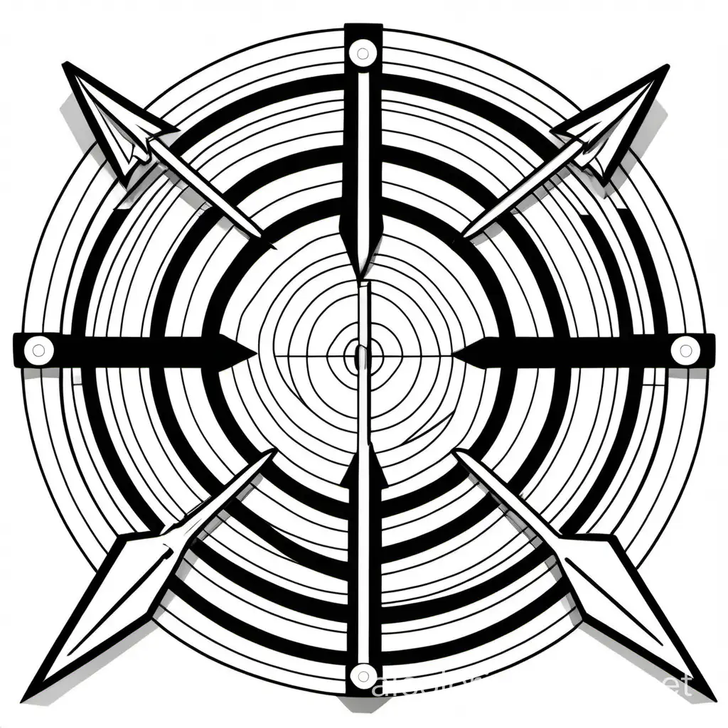 target with an arrow in the center, Coloring Page, black and white, line art, white background, Simplicity, Ample White Space. The background of the coloring page is plain white to make it easy for young children to color within the lines. The outlines of all the subjects are easy to distinguish, making it simple for kids to color without too much difficulty