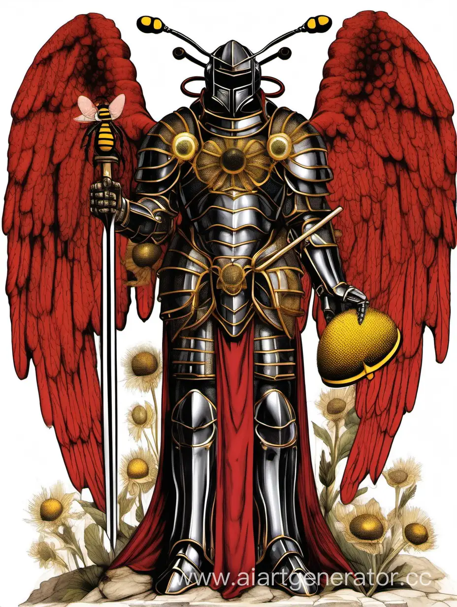 Библейский ангел с пчелиными конечностями, тремя парами огромных красных крыльев в чёрных рыцарских доспехах