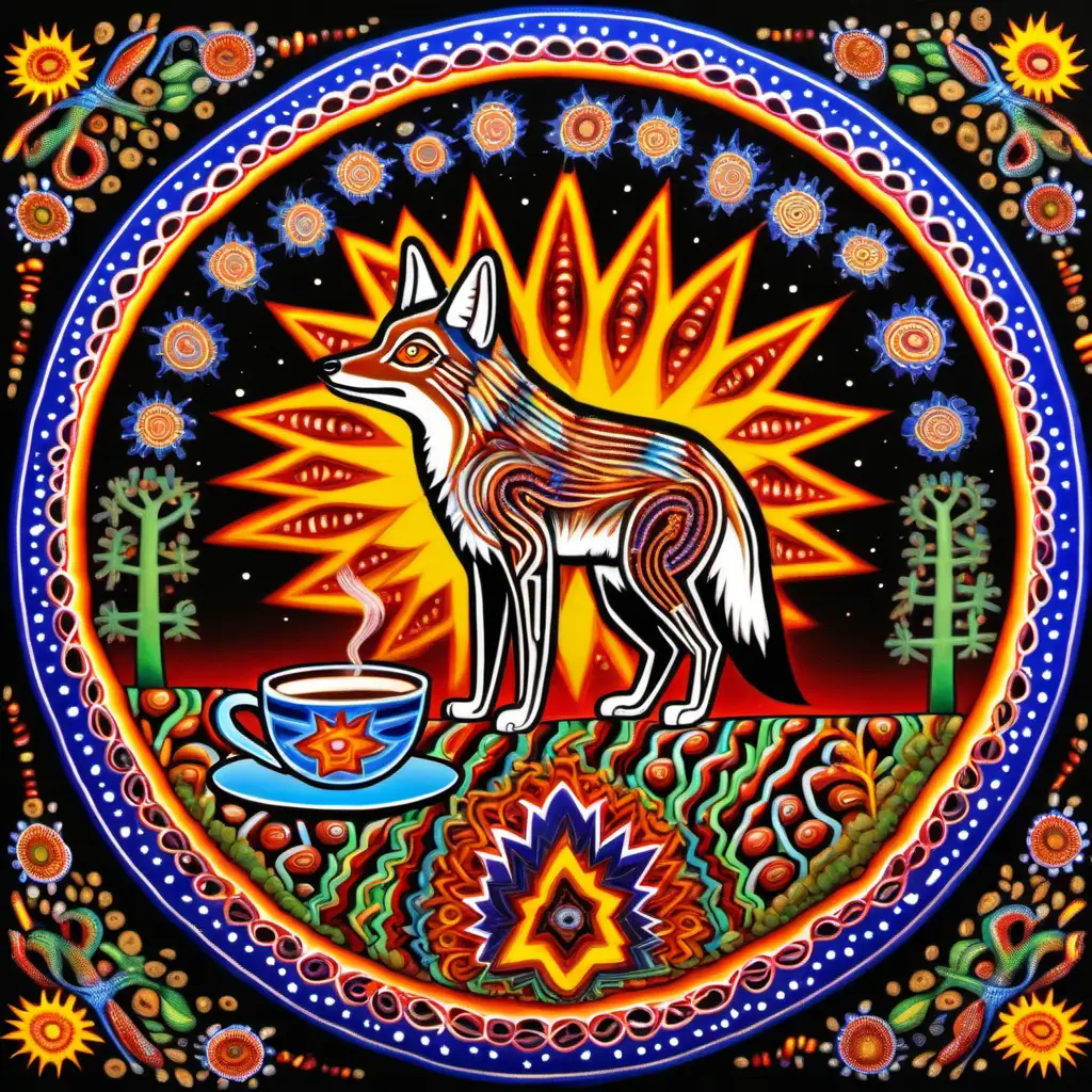 Huichol art. A coffee lover coyote  in an astral trip. There are icon depictions of coffee trees with ripe coffee grains in them. 