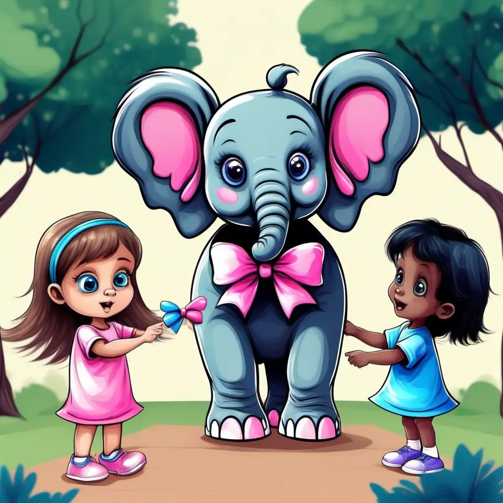 girl elephant with cute big eyes wearing pink blue bow with long hair playing with black and white children together in the park