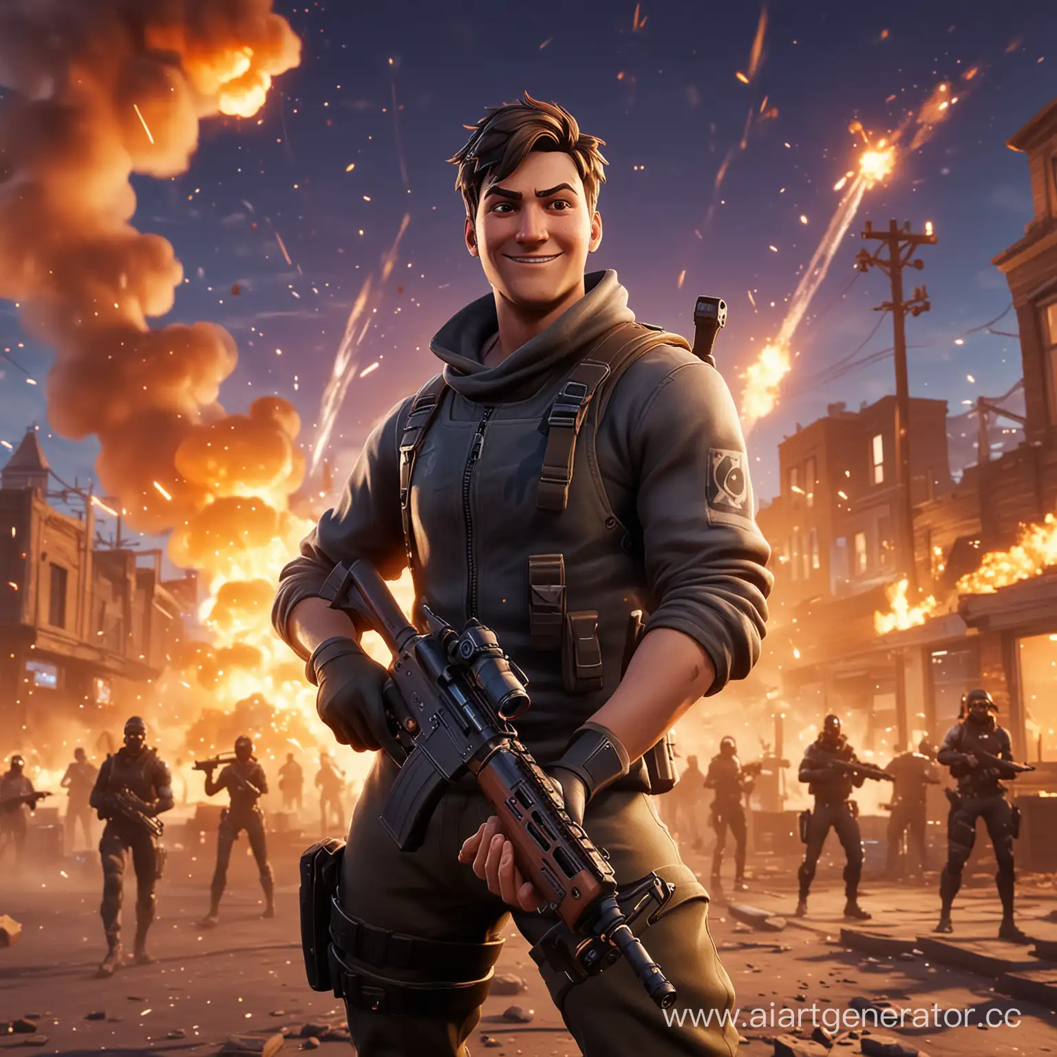 персонаж из игры фортнайт смотрит в камеру на фоне взрывов, в руке у него автомат лицо с улыбкой, обстановка динамическая
