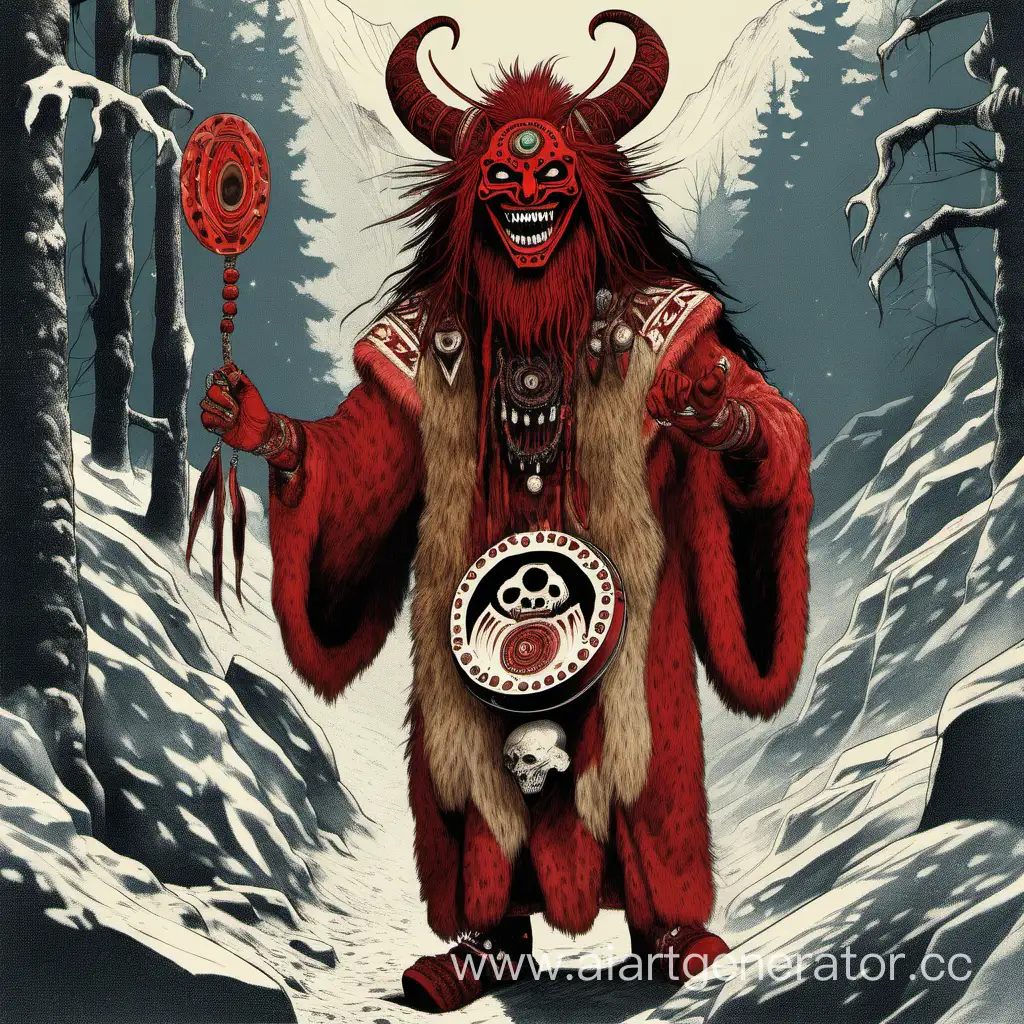Laughing-Red-Shaman-in-Fur-with-Bone-Beast-Tambourine-in-Mountainous-Forest-Setting