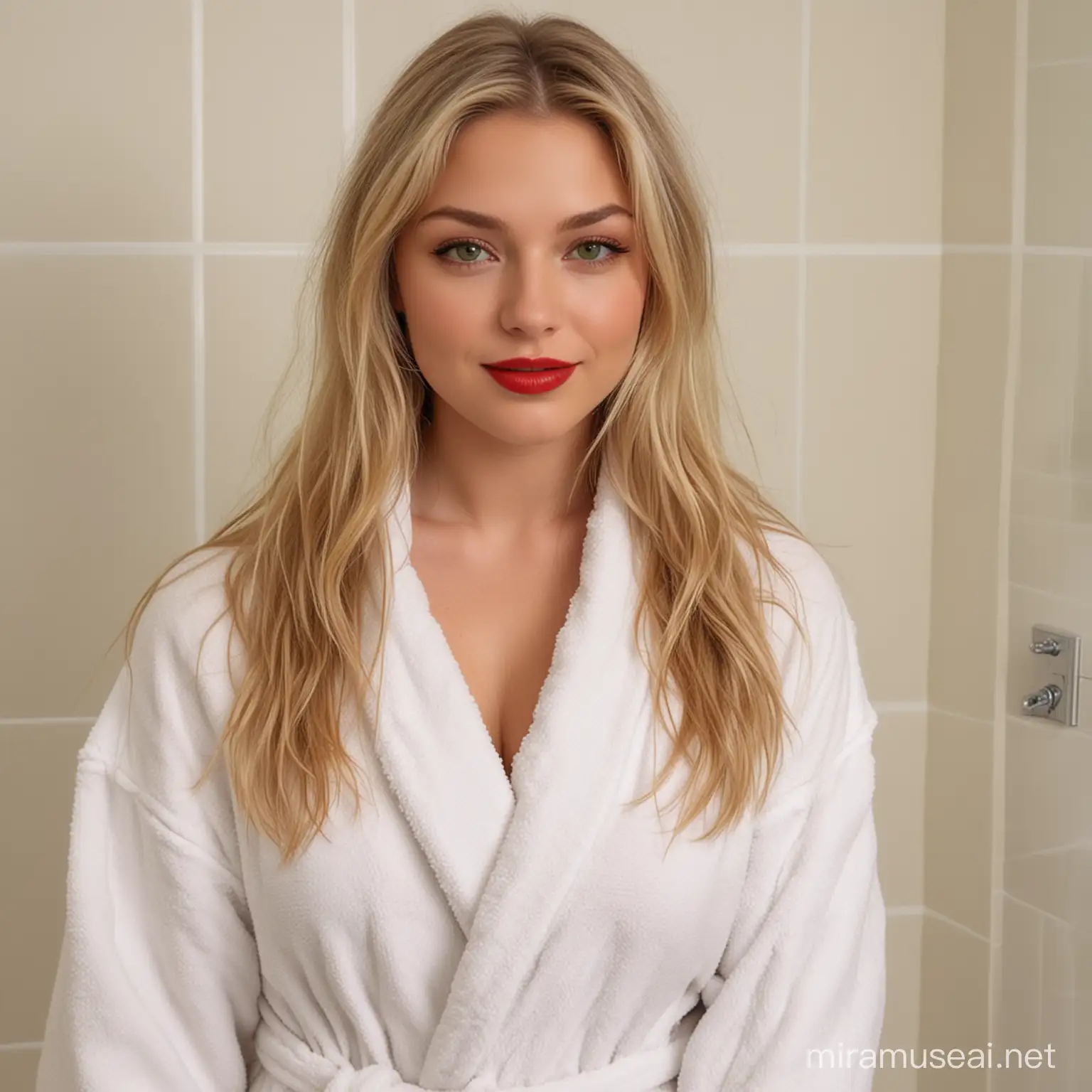 Lucy is a nice blonde female student, mid twenties, long blond hair, attractive face, green eyes, full red lips, marked cheekbones. five feet six inches tall, full young bosom. Measurement 38-24-36. She is stark naked holding her white fluffy bathrobe in her hand while tanding in the bathroom 