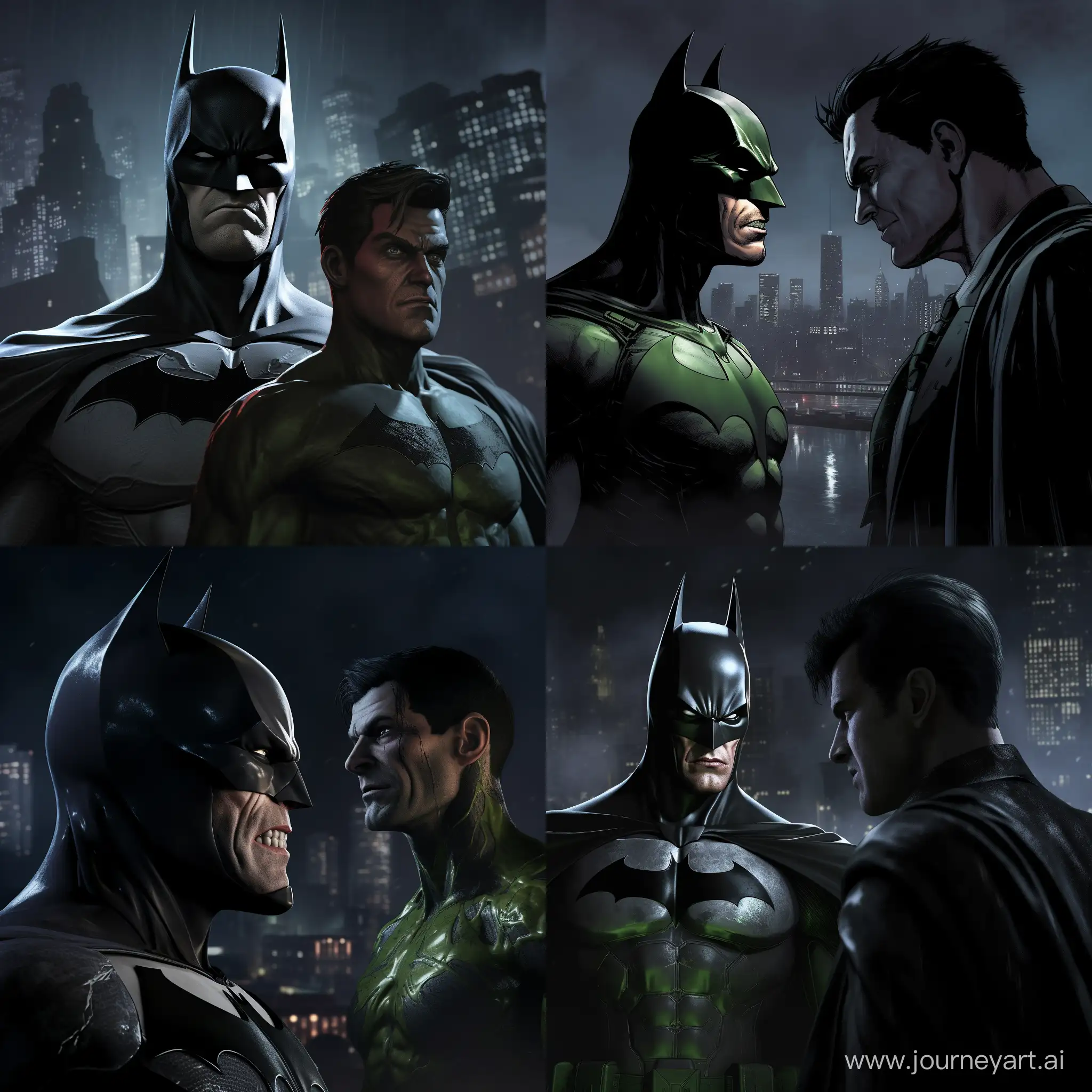 Batman and the Joker, depicted in a dark, moody cityscape at night. Batman is in his iconic suit with a cape, looking imposing and determined. The Joker, with his characteristic green hair, pale face, and sinister grin, faces Batman. Both are standing close, almost face to face, creating a tense and dramatic atmosphere. The background is a shadowy Gotham City with towering buildings, dimly lit streets, and a cloudy, moonlit sky. Emphasize the contrast between Batman's dark figure and the Joker's colorful appearance. The mood is tense, suspenseful, and dark.