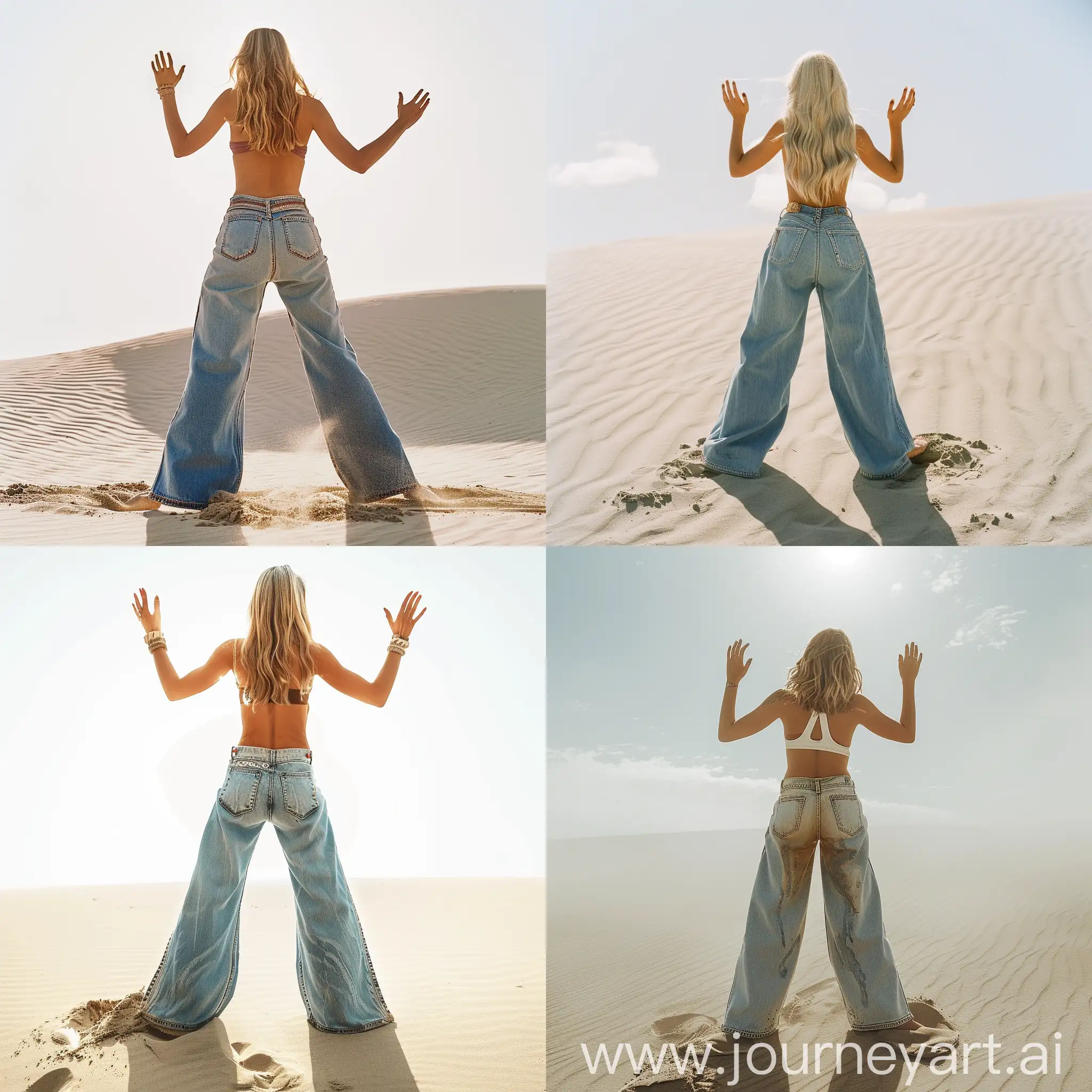 Blond-Woman-in-Oversized-Jeans-Enjoying-Beach-Sunshine