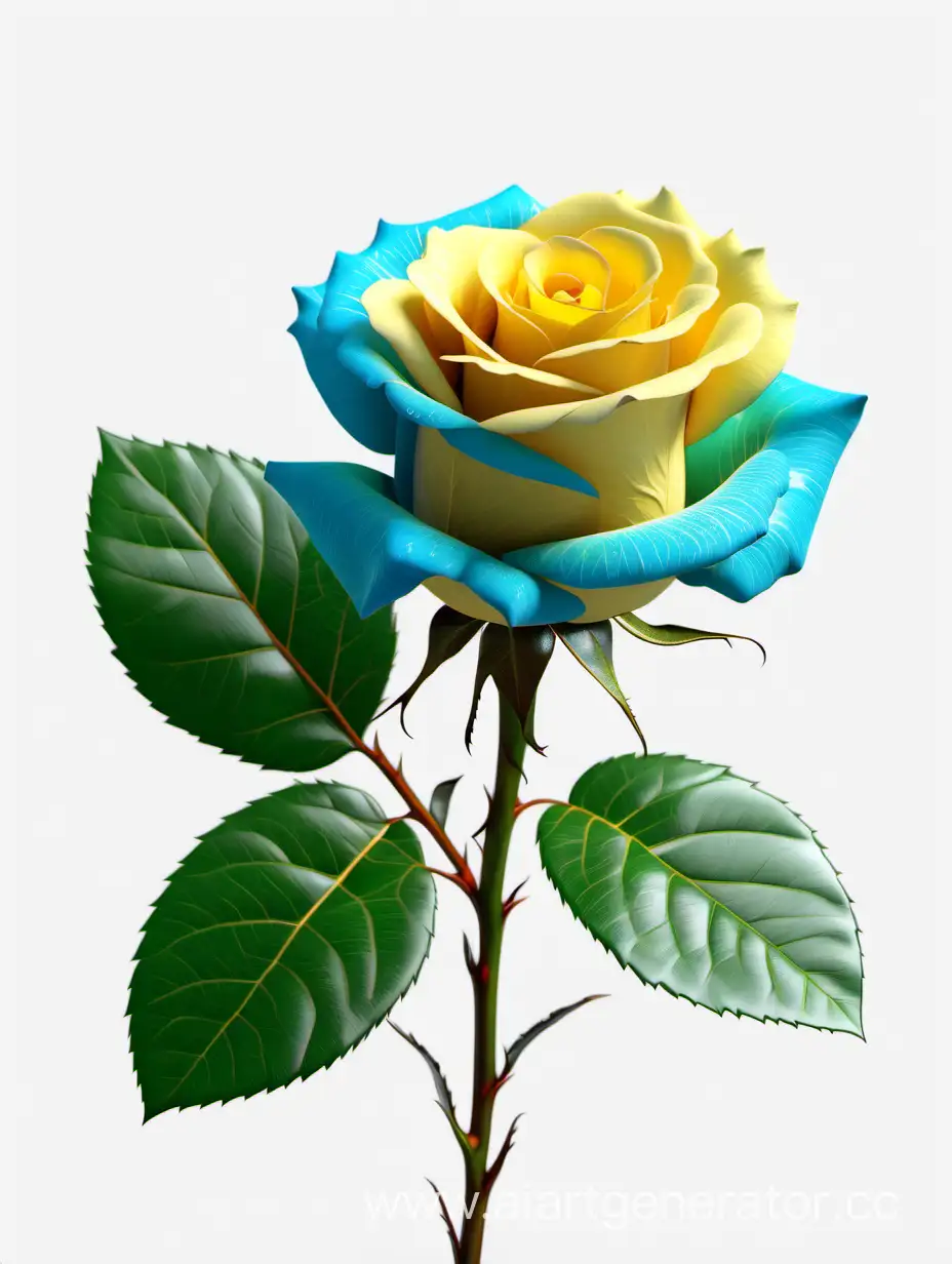 realistic sky blue yellow Rose 8k hd with fresh lush 2 green leaves on white background