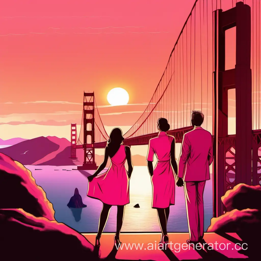 Красивая иллюстрация мужчины и женщины в розовом платье, наблюдающих за закатом над мостом Золотые Ворота, золотой час, красивая потрясающая цветовая гамма, шедевр

