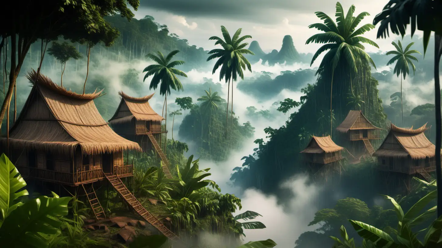  misty village nestled in the heart of the Amazon, where fierce warriors roam and huts made of woven leaves stand tall against the dense jungle. The semi-realistic landscape is alive with vibrant colors and intricate details, transporting you to a world of adventure and danger.