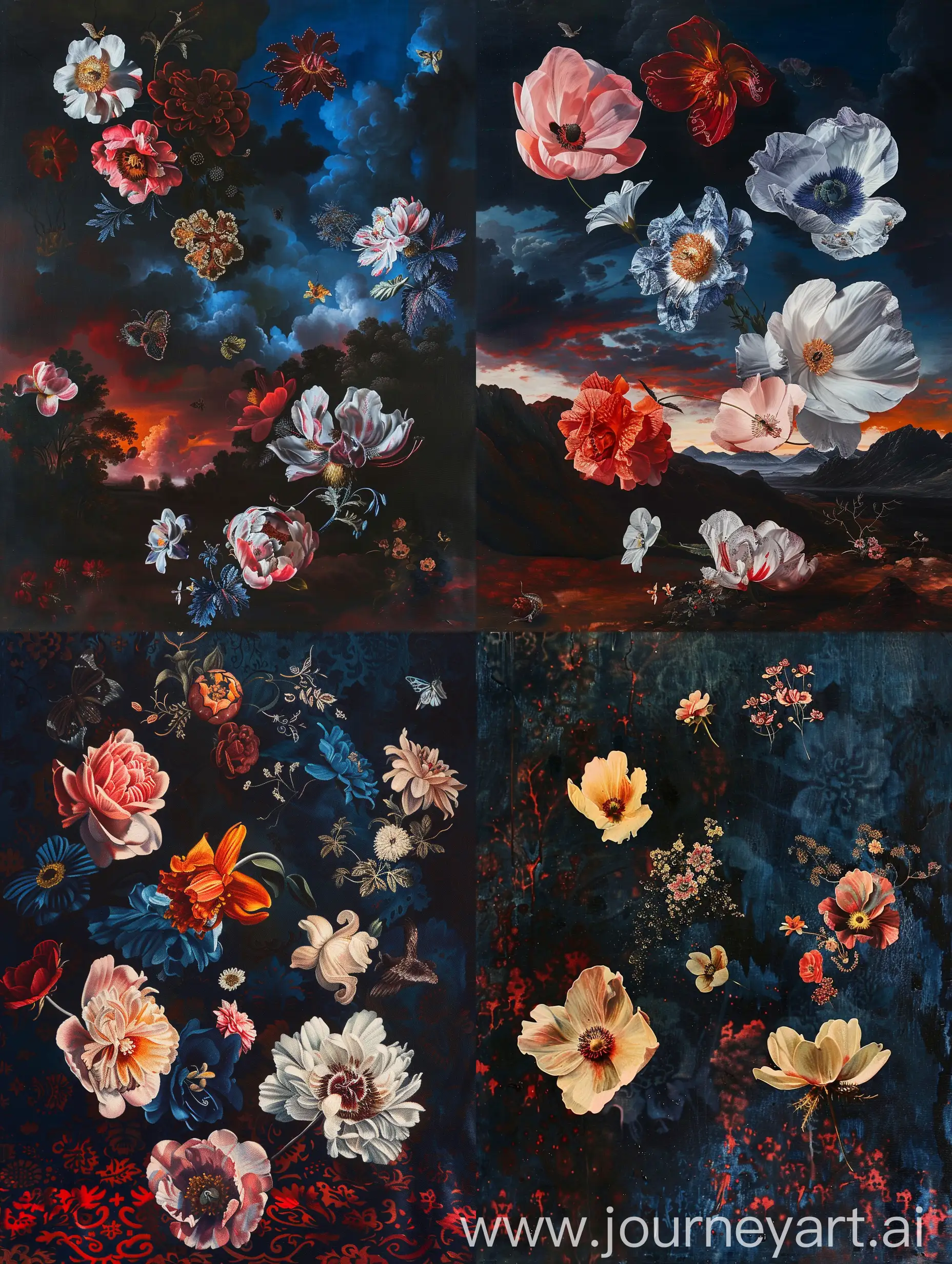 a painting of flowers floating in mid-air, in the style of baroque ornate and dramatic compositions, realistic color schemes, embroidery, caravaggesque chiaroscuro, roccoco flourishes and details, detailed wildlife, dark blue and red, ornate embroidery