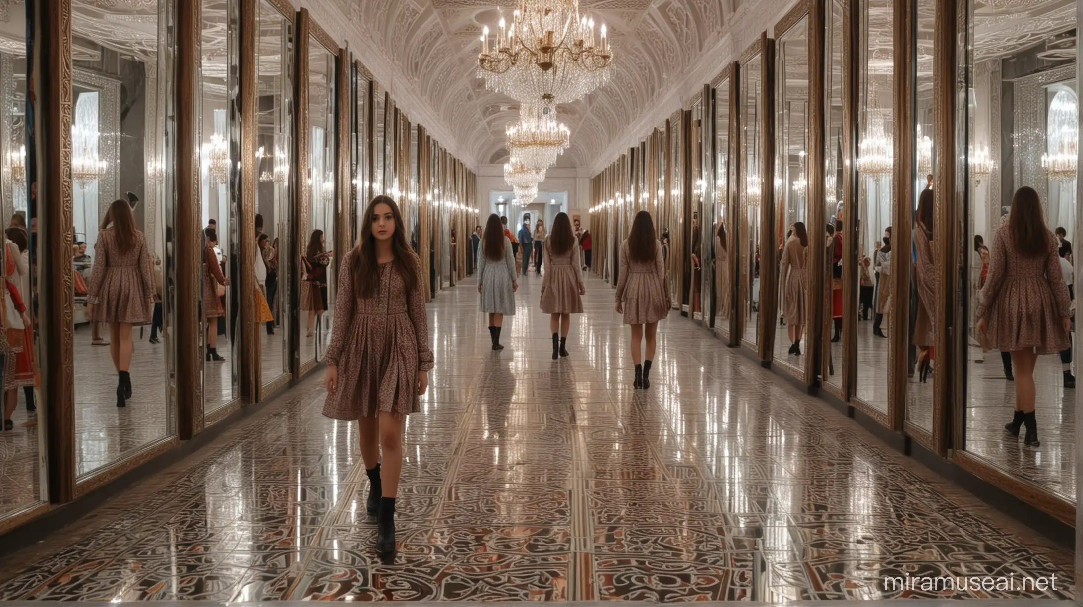 A huge hallway like mirrors maze room, there are many more huge Mirrors, show at reflection of same Turkish Girl with different angles on that mirrors, some mirrors show the front of girl, and some mirrors show the back of girl, That Beautiful Turkish Girl, wearing traditional fully covered dressed, walking in this maze room,