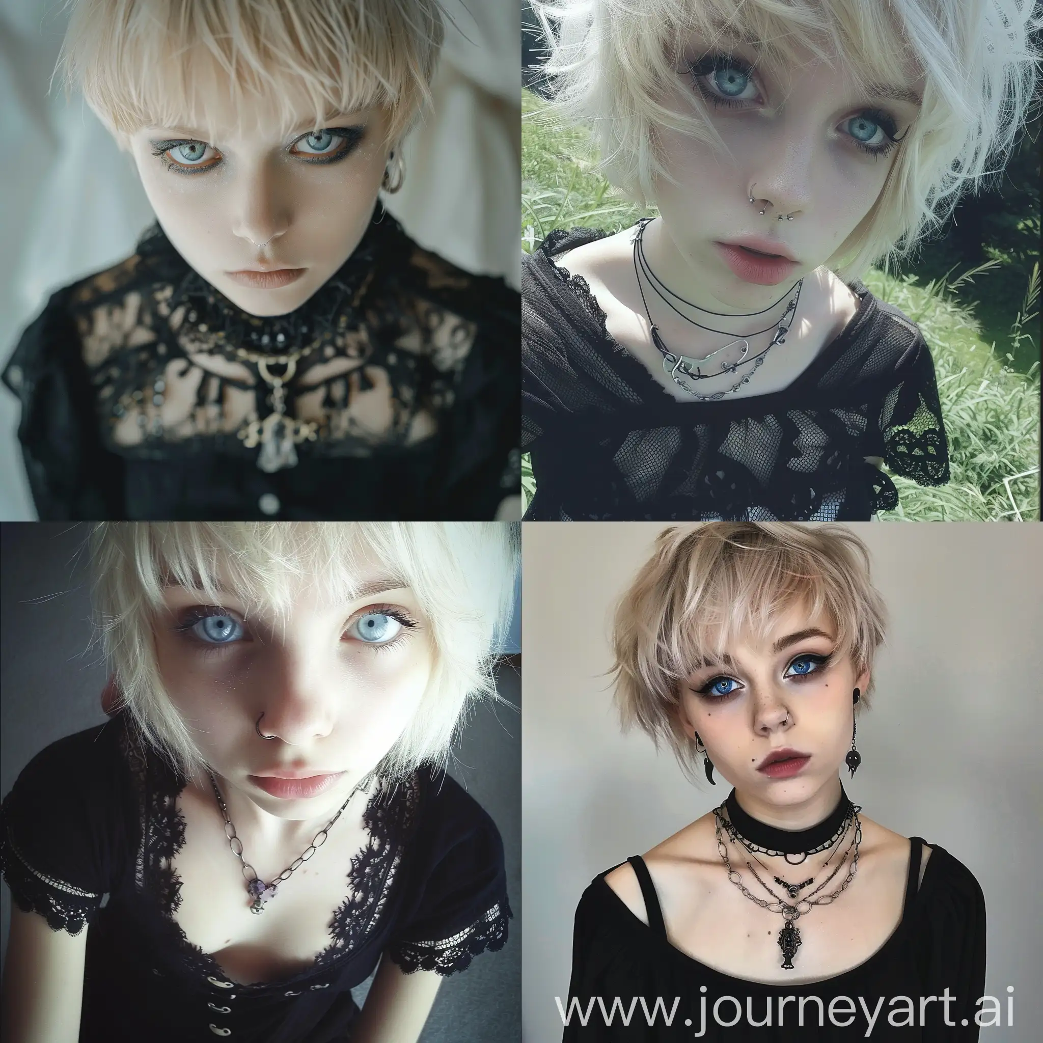 16 year old girl goth pixie blonde hair,  ice blue eyes 