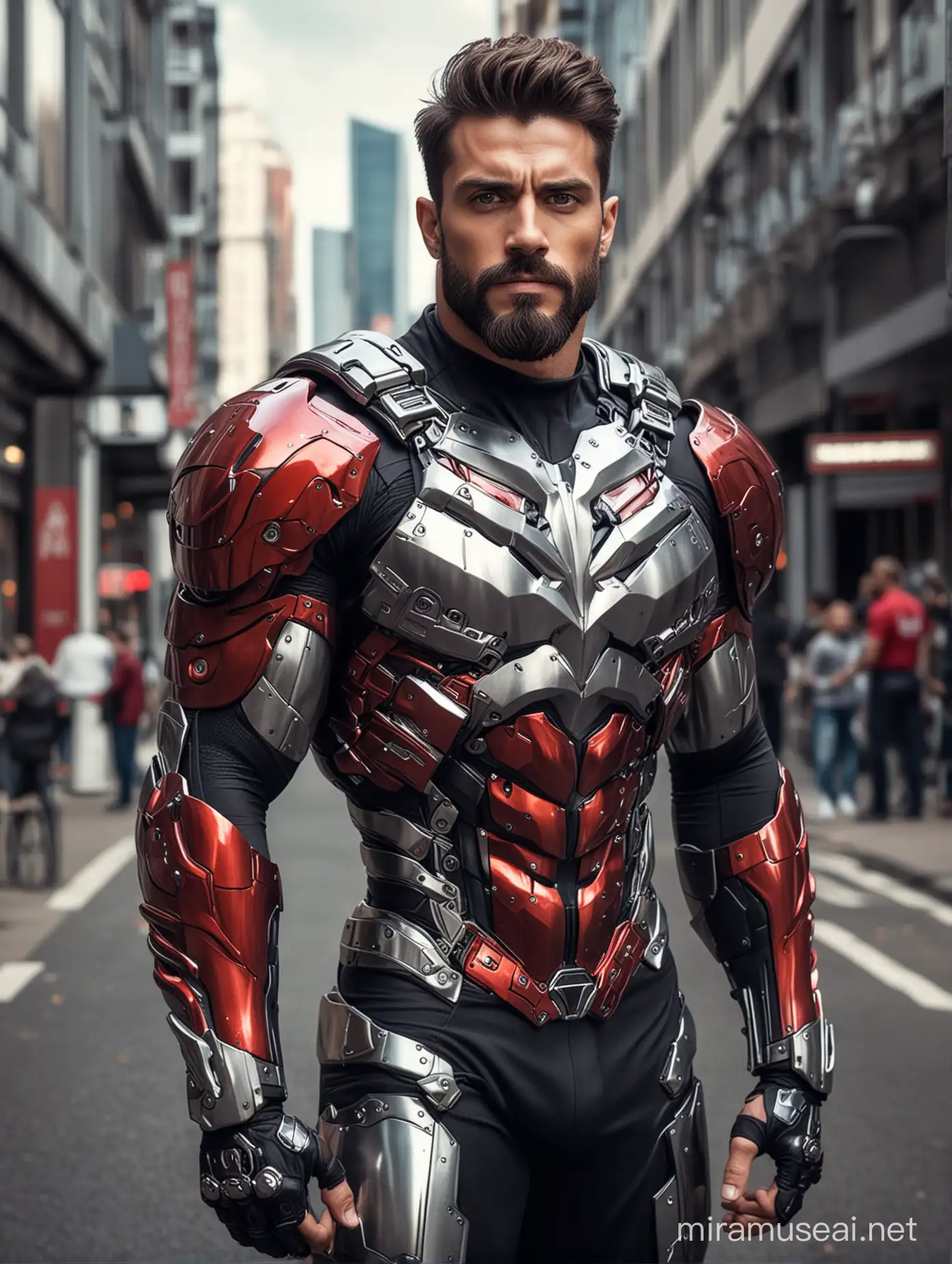 Tall and handsome bodybuilder men with beautiful hairstyle and beard with attractive eyes and Big wide shoulder and chest in sci-fi High Tech sliver, red and black armour suit standing in street 