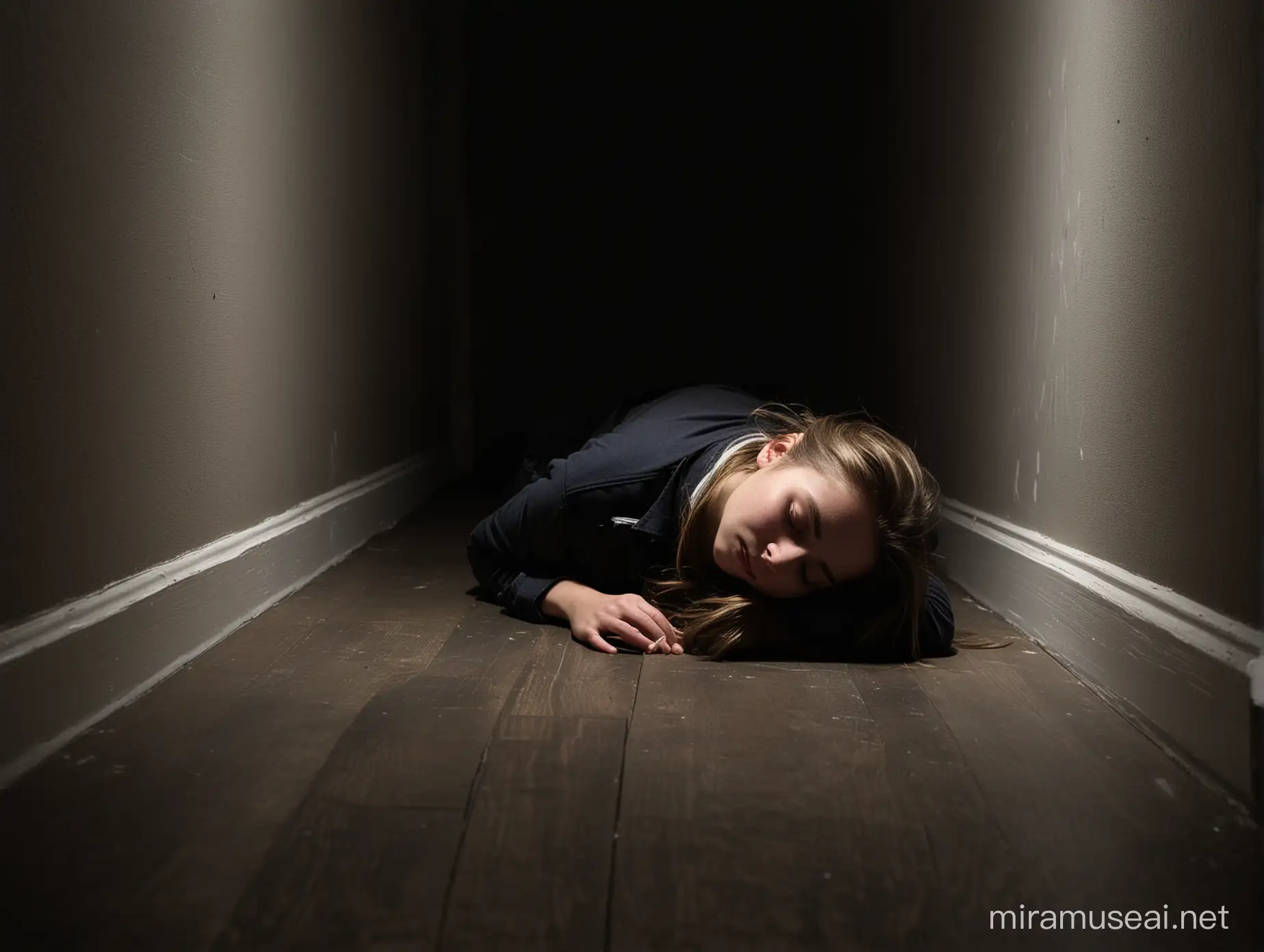 un joven adolescente desmayado boca abajo en el piso de una habitación muy oscura, por la noche.
