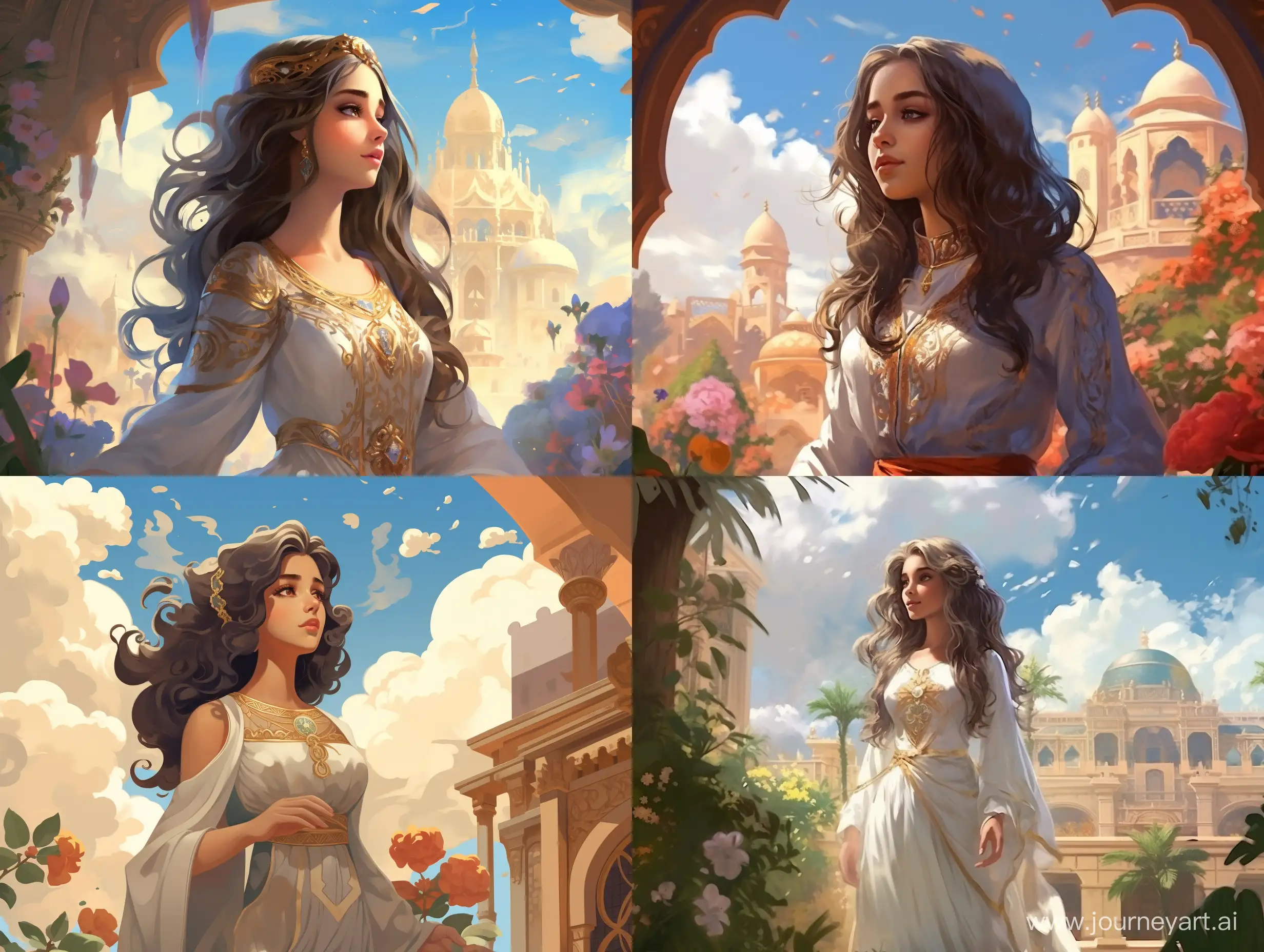 Illustration like a fairytale of the young pretty Arabian lady in the garden of the Arabian palace, and one little cloud near her, Arabian atmosphere