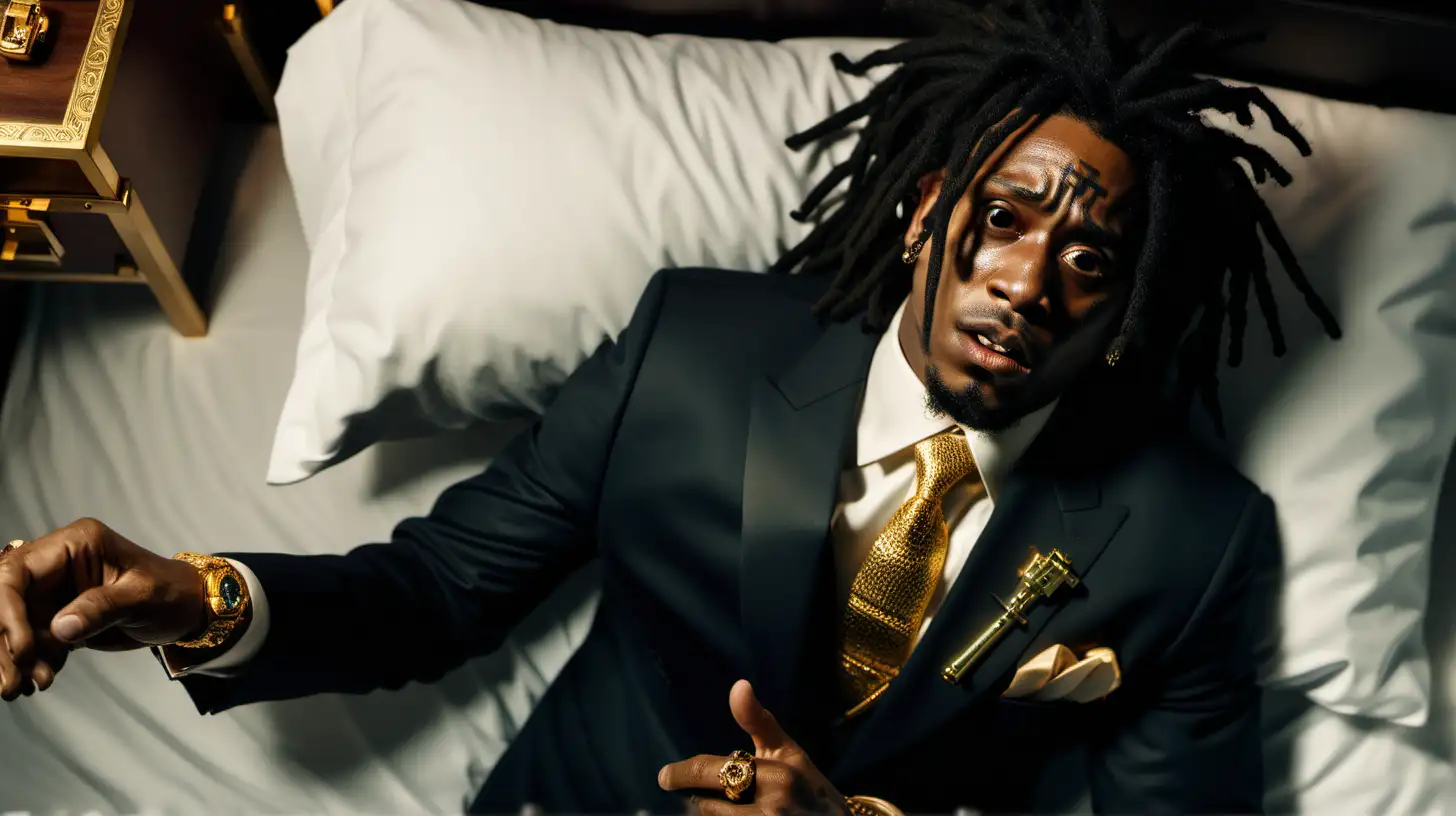 black man with black dreads wearing gold jewlery and a suit  holding an uzi while he has a terrified look on his face while laying in luxury bed cinematic lighting, overhead angle shot