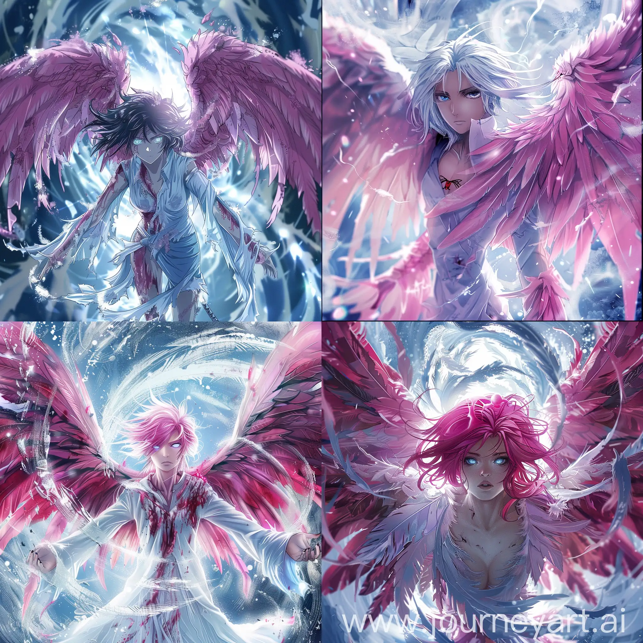 Rukia from Bleach reimagined as a celestial warrior angel. Battle-worn pink wings, ice-blue eyes blazing with determination, gleaming white against a backdrop of swirling cosmic energy. anime caled bleach style, shinigami