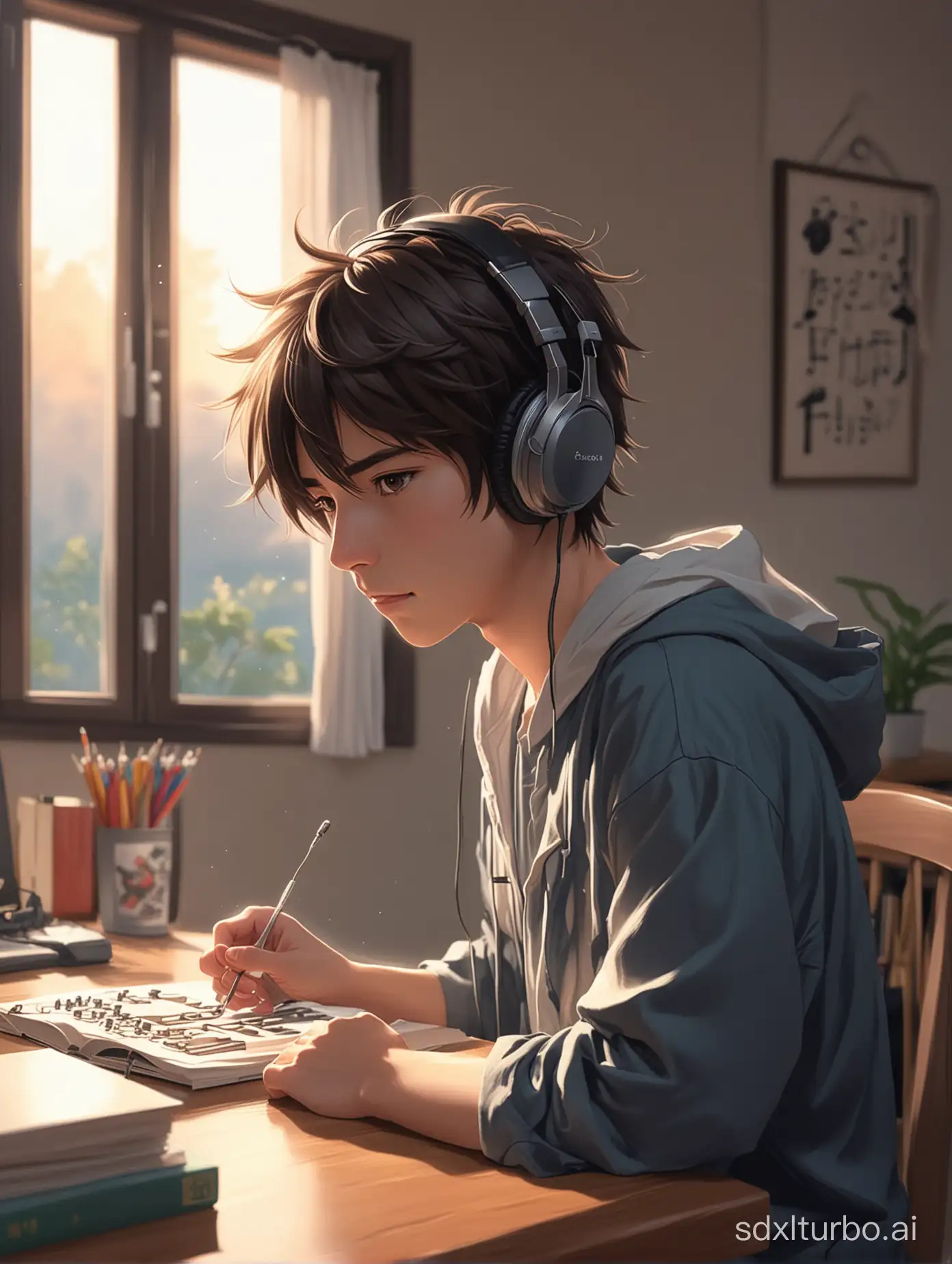 A boy in a Japanese anime style is listening to music with headphones in a quiet study.