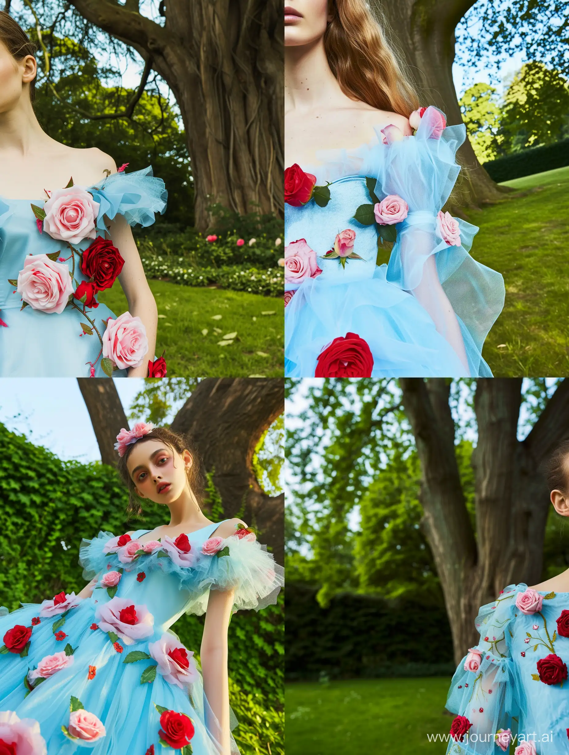 A close-up details of A model girl wears a sky blue dress with pink and red roses on it in a green garden with a big tree behind it in the middle of the day. --s 0 --style raw 