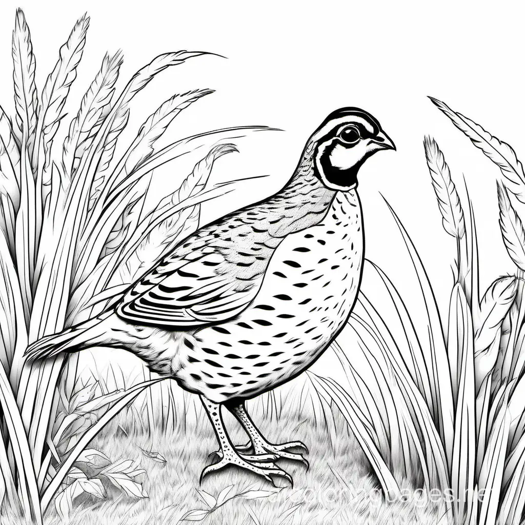realistic quail in open field
, Coloring Page, black and white, line art, white background, Simplicity, Ample White Space. The background of the coloring page is plain white to make it easy for young children to color within the lines. The outlines of all the subjects are easy to distinguish, making it simple for kids to color without too much difficulty