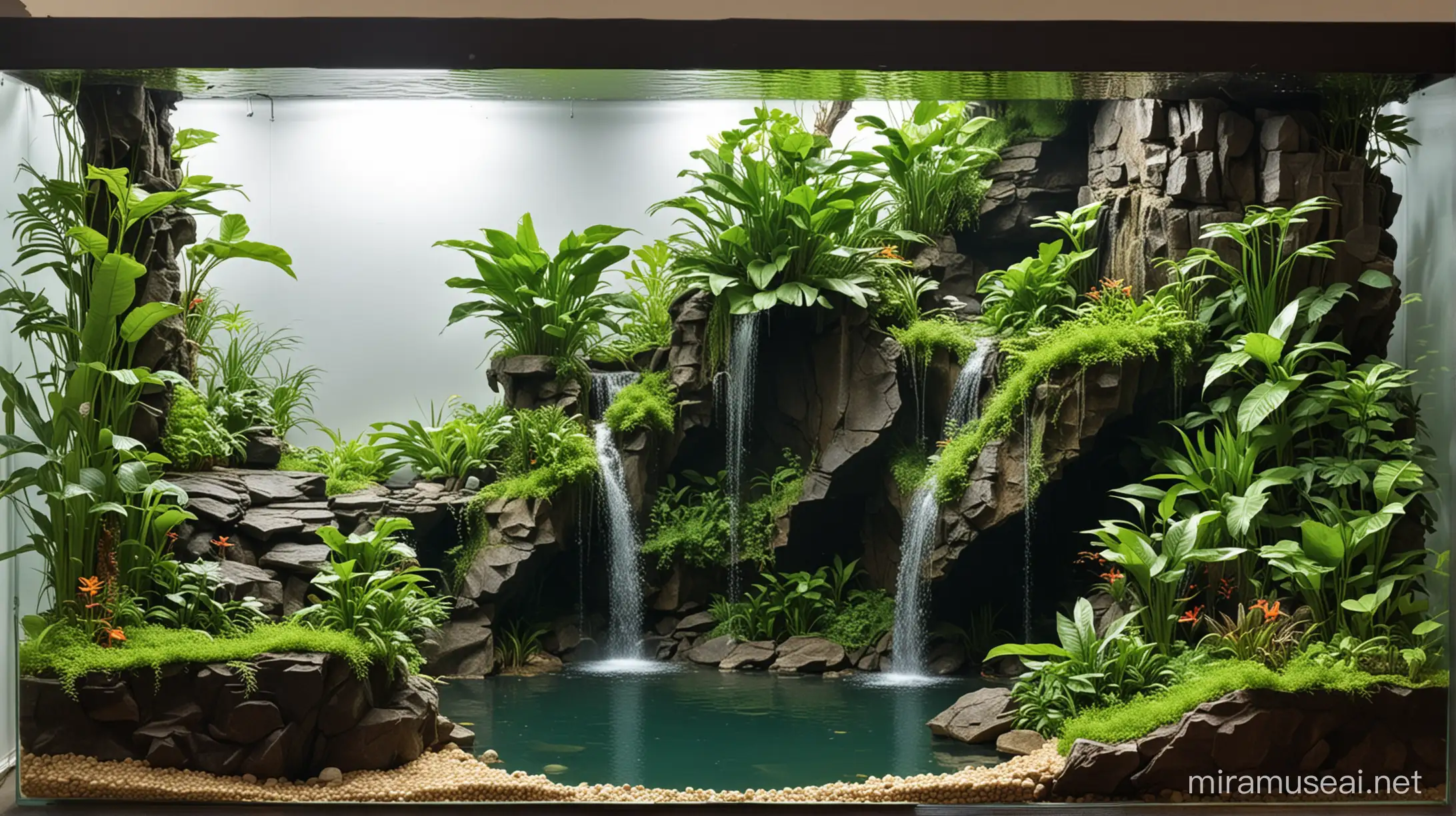 Tropical snake paludarium with high cliff waterfall and lake-side.