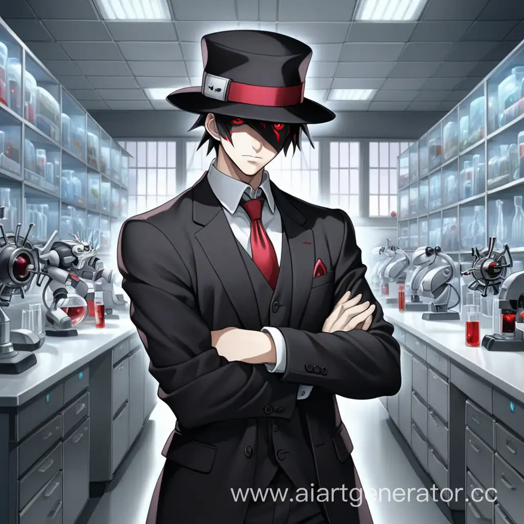  25-летний парень, одетый в деловой черный костюм со шляпой, с красными
глазами, , скрестив руки на груди, стоит посреди лаборатории в стиле аниме
