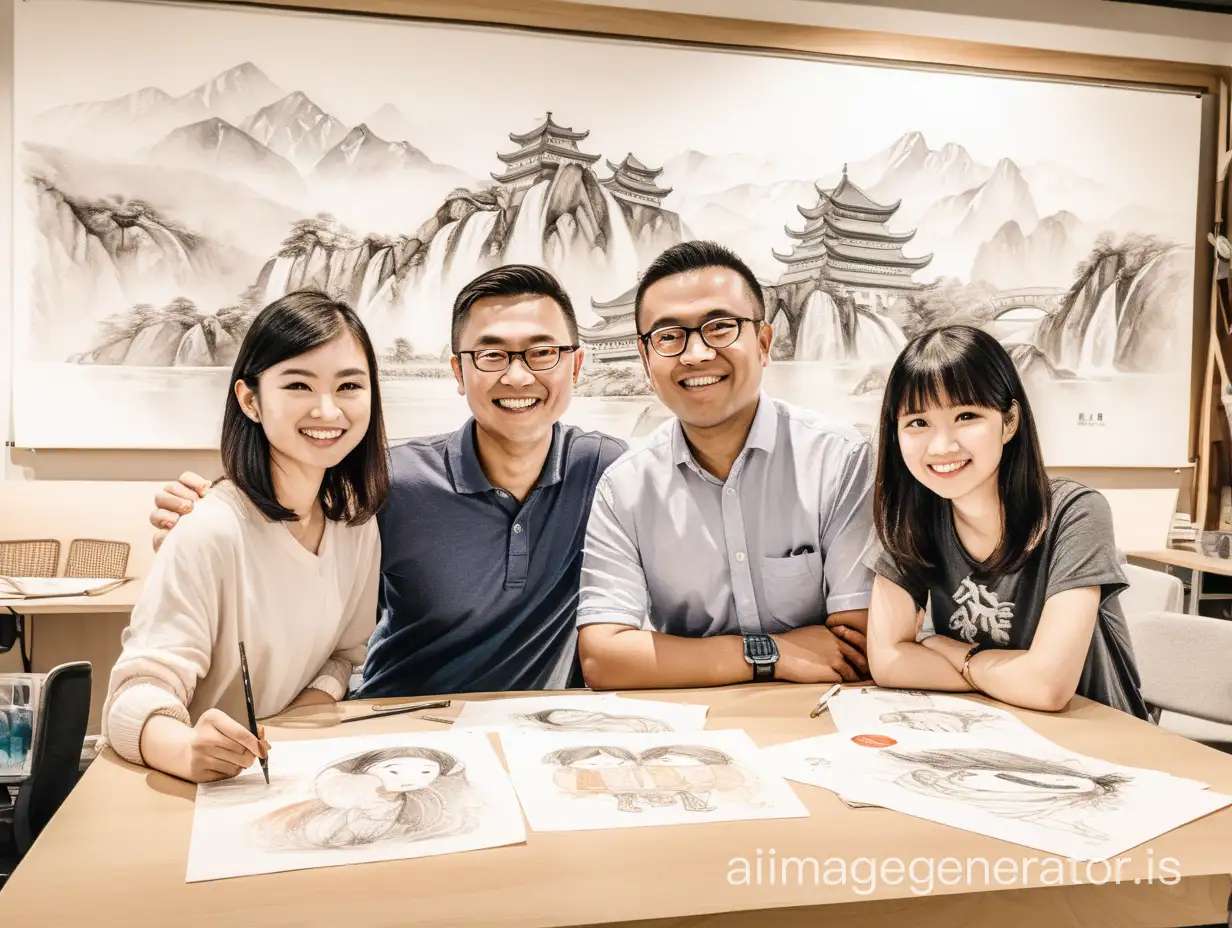 The smiling group photo of Xiao Wang and the boss, with the company logo in the background, shows their good relationship. The image is rendered in a watercolor sketch style, reminiscent of the works of artists like Prafull Sawant, Ekaterina Zuzina, and Liu Yi. This style imparts a sense of fluidity and softness to the scene, complementing the natural elements depicted.