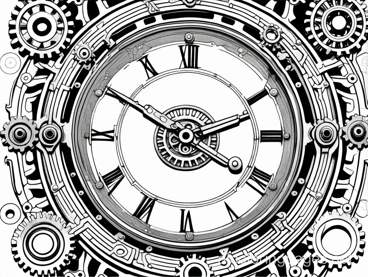 clock face and mechanism in vector illustration style, black lines, white background, large gears and cogs (((the left edge of page and the right side of the page have perfect, mirror image, symmetry))), 4K resolution, extra sharp focus, perfect dimensions, sharp black lines, bold white background, Coloring Page, black and white, line art, white background, Simplicity, Ample White Space. The background of the coloring page is plain white to make it easy for young children to color within the lines. The outlines of all the subjects are easy to distinguish, making it simple for kids to color without too much difficulty